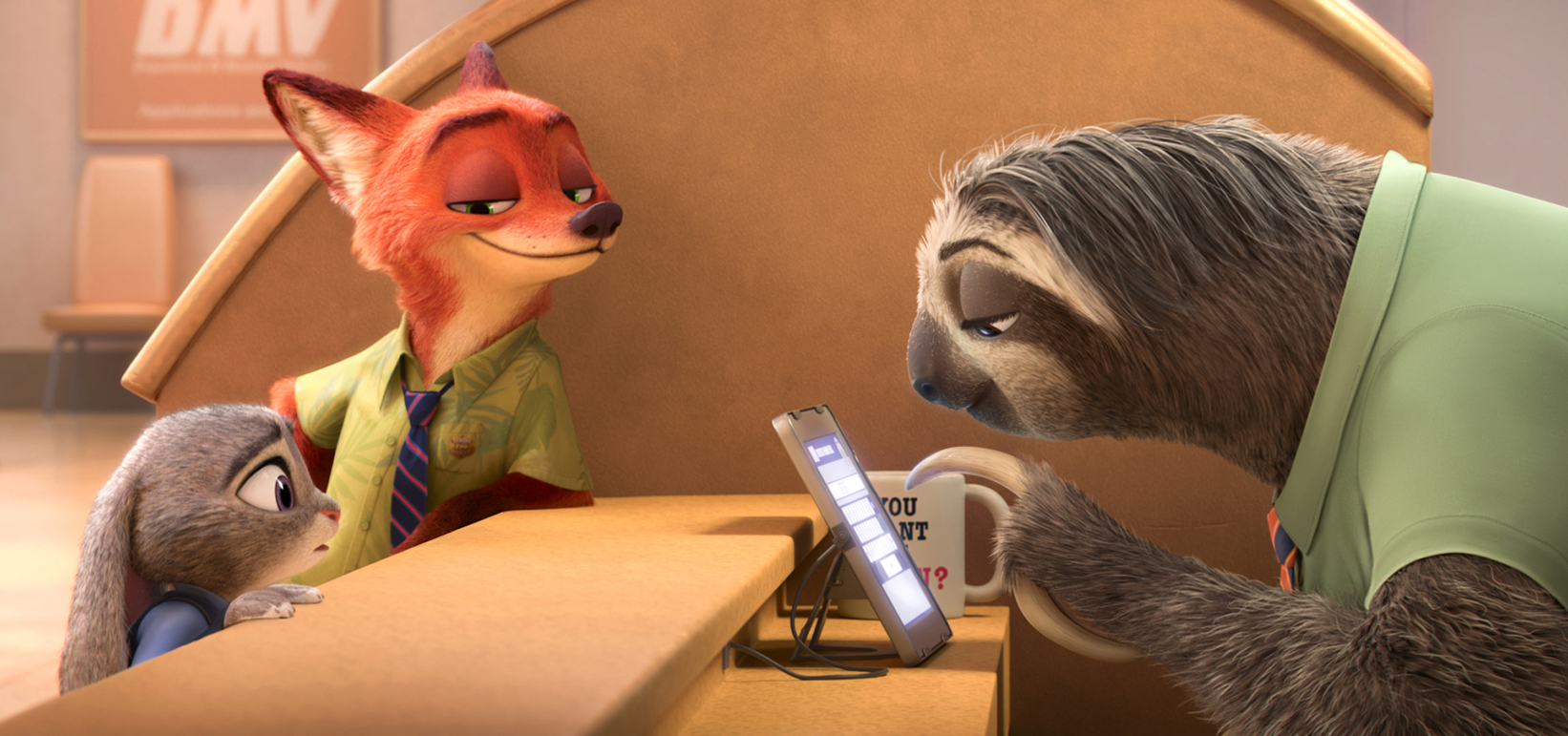 Disney via AP  This image released by Disney shows Judy Hopps, voiced by Ginnifer Goodwin, left, Nick Wilde, voiced by Jason Bateman, second left, in a scene from the animated film, “Zootopia.”