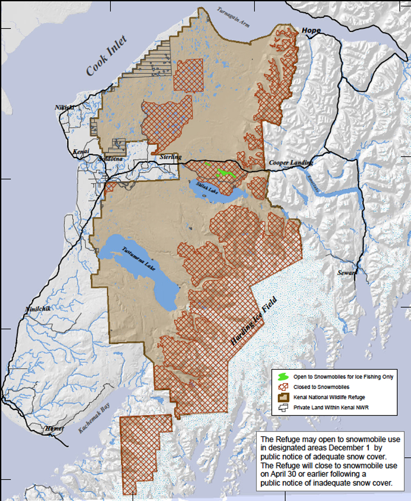 This map generated by the Kenai National Wildlife Refuge shows the areas that are open and closed to snowmachining on the Kenai Peninsula. The refuge opened all areas traditionally allowed for snowmachining Tuesday, Jan. 17, 2017 after the peninsula got enough snowfall over the weekend. (Photo courtesy Kenai National Wildlife Refuge)