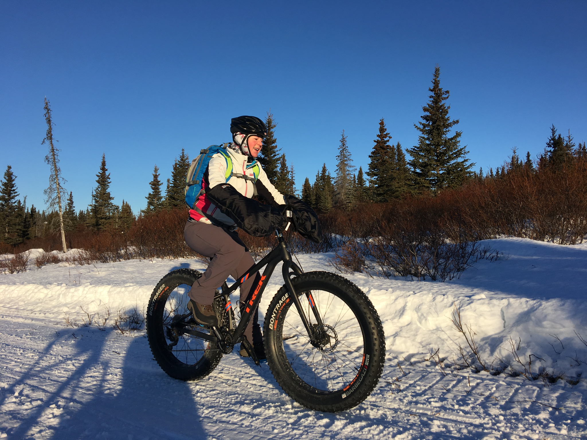 Morgan Aldridge pedals a fat-tire bike in the Caribou Hills near Ninilchik on Jan. 8, 2017. (Photo by Will Morrow/Peninsula Clarion)