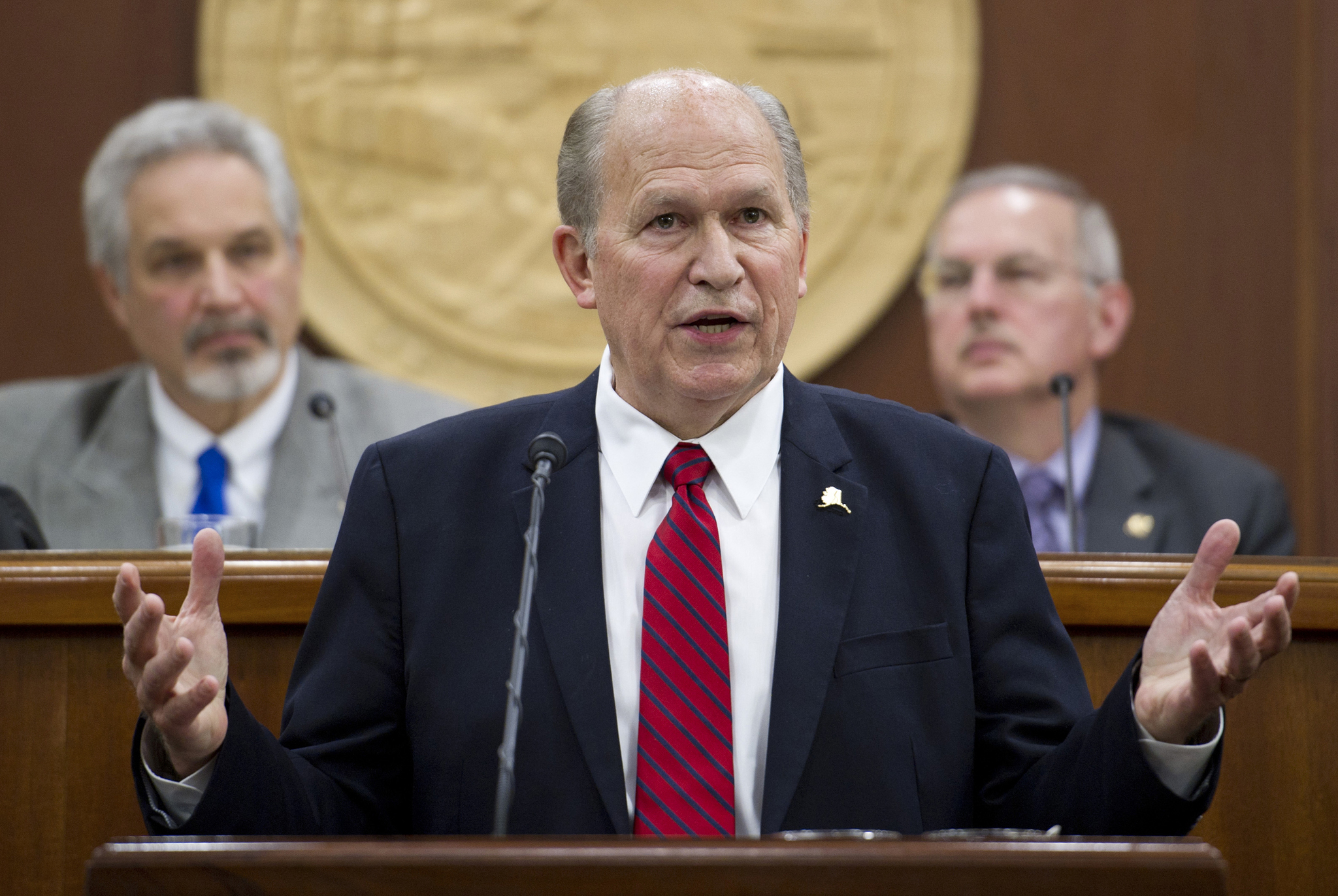 Gov. Bill Walker speaks during his State of the State address before a joint session of the Alaska Legislature at the Capitolon Wednesday, Jan. 18, 2017. Senate President Pete Kelly, R-Fairbanks, left, and Speaker of the House Bryce Edgmon, D-Dillingham, watch from the Speakers desk in the background. (Michael Penn/Juneau Empire)