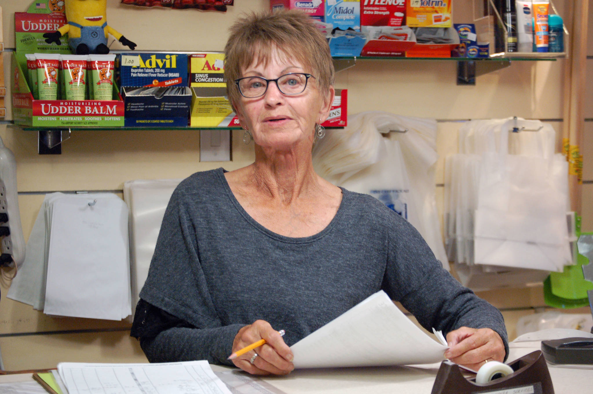 Eve Thompson volunteers at the Central Peninsula Hospital gift shop on Thursday, Aug. 23, 2018 in Soldotna, Alaska. Thompson has volunteered at the hospital for the past 15 years. (Photo by Erin Thompson/Peninsula Clarion)