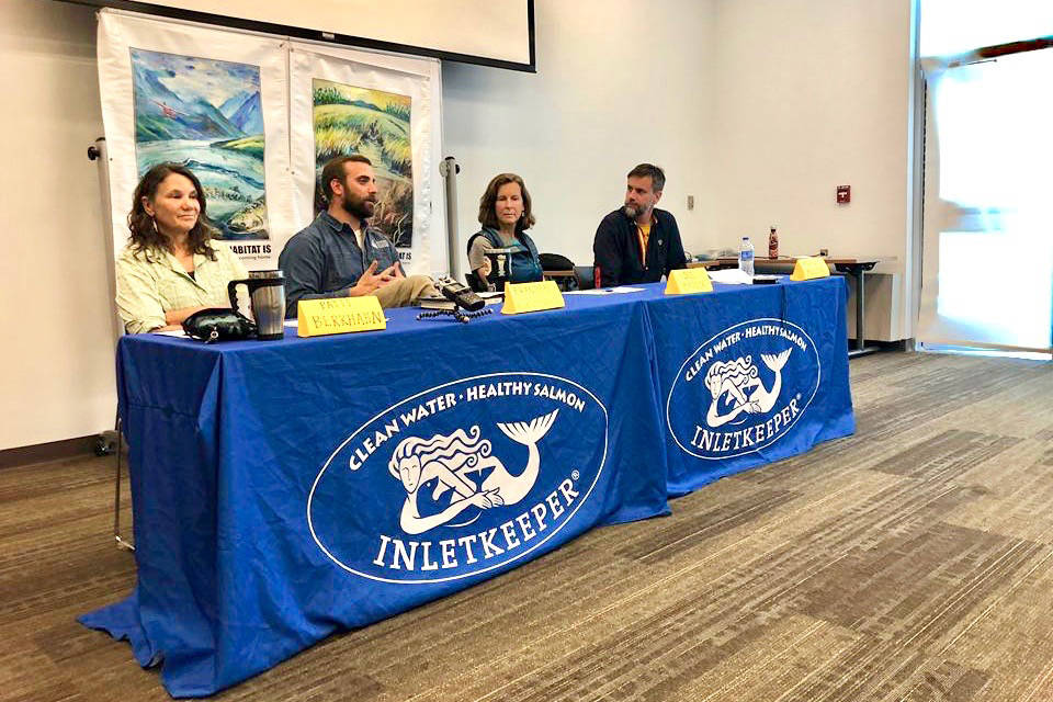 Panelists, Patti Berkhahn, Branden Bornemann, Sue Mauger and Marcus Mueller discuss all things salmon at a forum put on by Cook Inletkeeper, Thursday, Sept. 13, 2018, in Soldotna, Alaska. (Photo by Victoria Petersen/Peninsula Clarion)