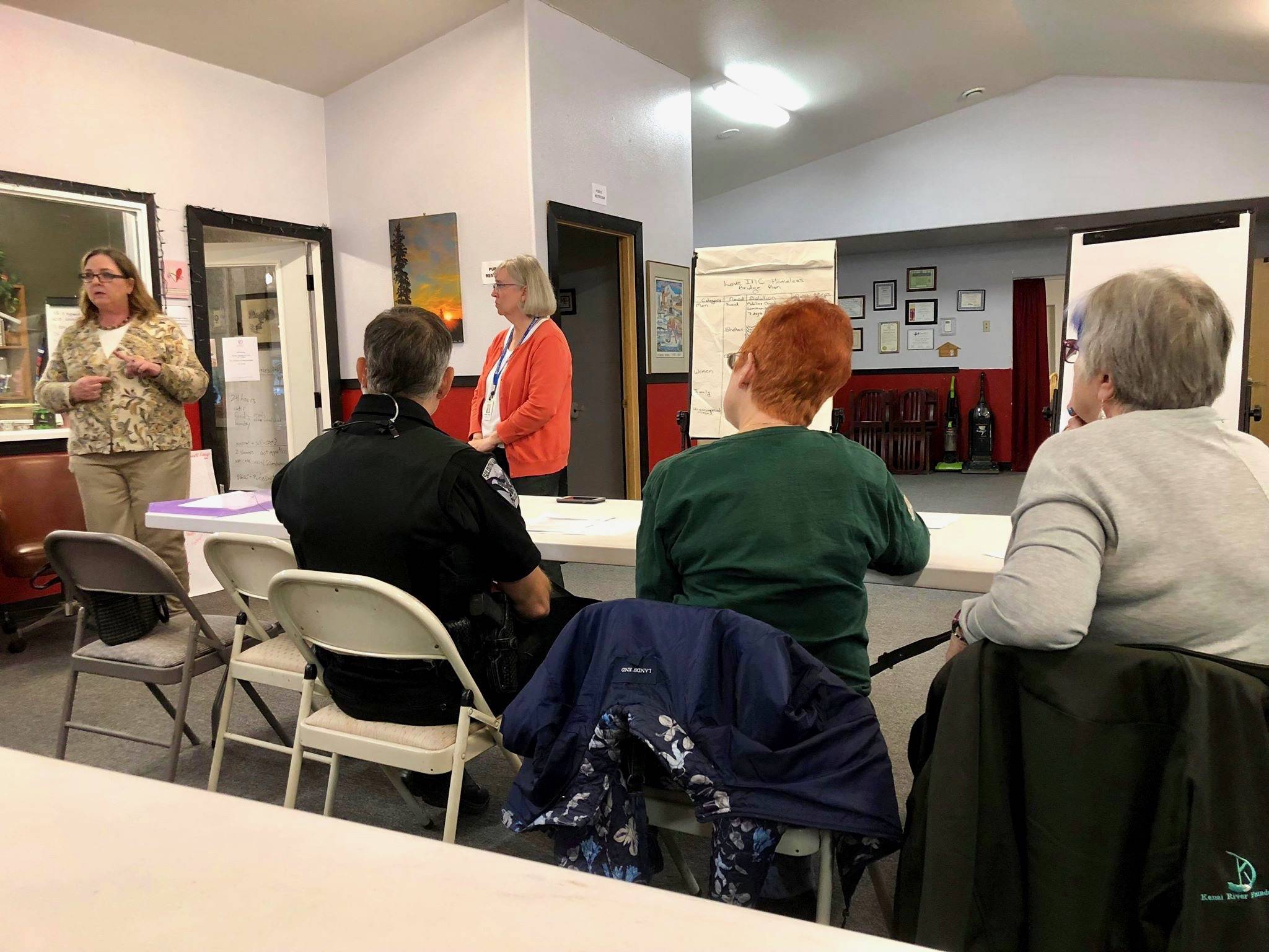 Leslie Rohr and Kathy Gensel lead a meeting on homelessness in the community on Thursday, Sept. 27, 2018, near Soldotna, Alaska. (Photo by Victoria Petersen/Peninsula Clarion)