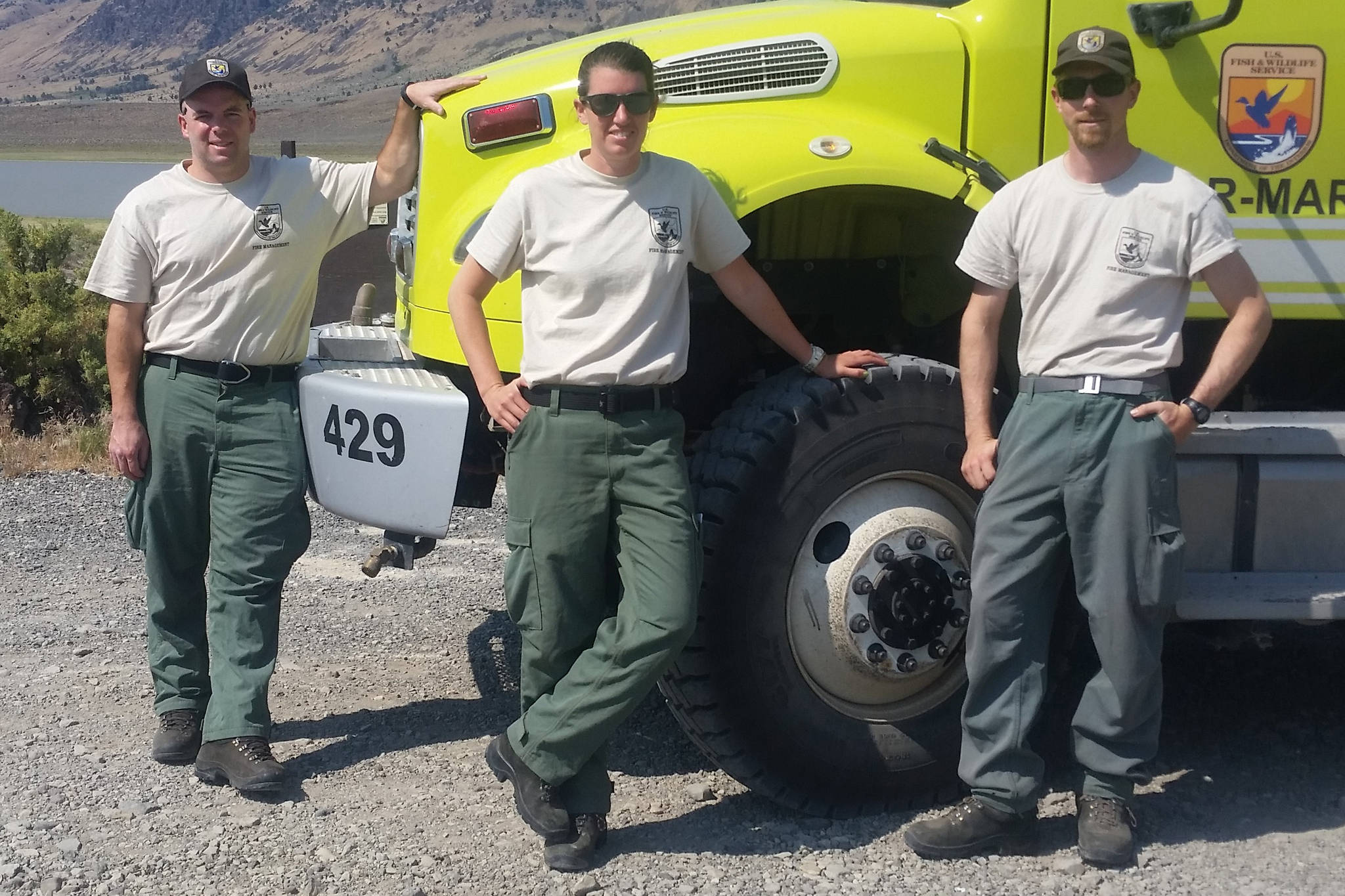 Will Jenks, Christa Kennedy and Scott Johnson on fire assignment at Malheur National Wildlife Refuge last month. (Photo provided by Kenai National Wildlife Refuge)