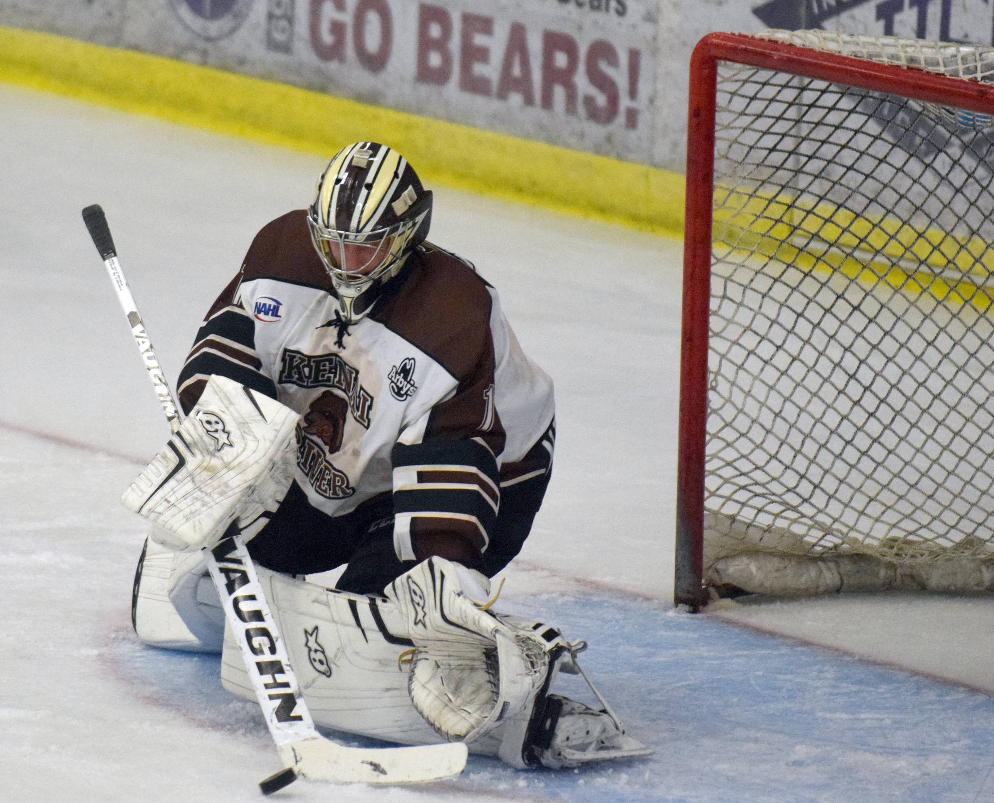 Kenai River goaltender Gavin Enright makes one of 28 saves on the way to shutting out the Chippewa (Wisconsin) Steel on Friday, Oct. 5, 2018, at the Soldotna Regional Sports Complex. (Photo by Jeff Helminiak/Peninsula Clarion)