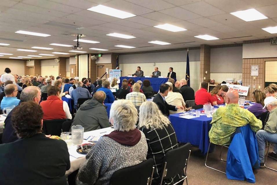 A full house came out to the joint chamber luncheon to listen to what the gubernatorial candidates had to say on Wednesday in Soldotna. (Photo by Victoria Petersen/Peninsula Clarion)