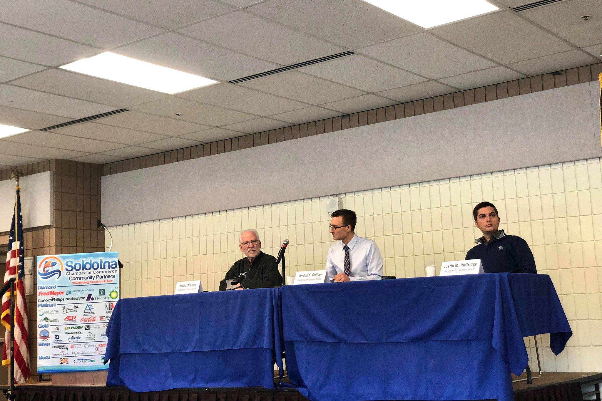 Candidates for Soldotna City Council, Paul Whitney, Jordan Chilson and Justin Ruffridge discuss issues Soldotna is facing on Wednesday, Sept. 26, 2018, in the Soldotna Chamber Luncheon in Soldotna, Alaska. (Photo by Victoria Petersen/Peninsula Clarion)