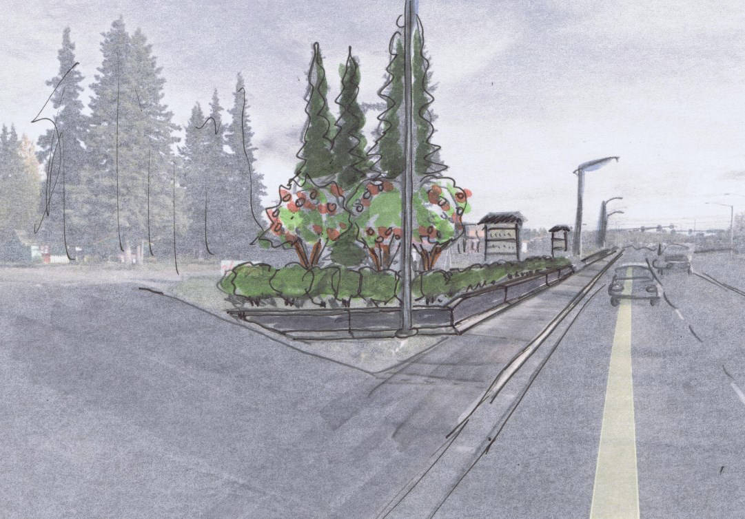 An artist’s rendering of beautification possibilities along the Sterling Highway. The illustration is meant to show how the adjacent private property can be tied to the streetscape by wrapping the retaining wall along the driveway, adding a hedge and accenting the entrance with trees. (City of Soldotna photo)
