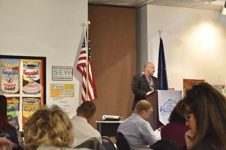 Kenai Peninsula Borough School District Superintendent Sean Dusek gives a district update at Wednesday’s joint chamber luncheon, on Oct. 17, 2018, in Kenai, AK. (Photo by Victoria Petersen/Peninsula Clarion)