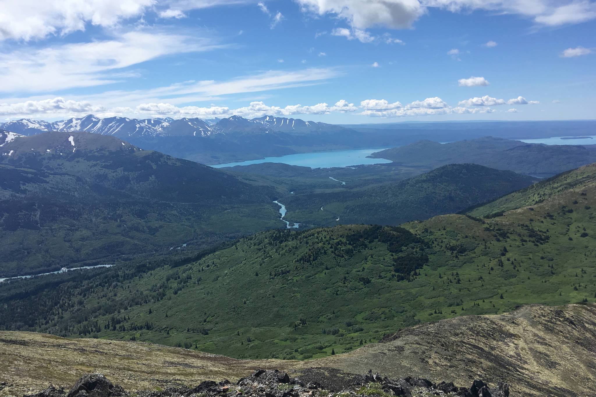 The Kenai River flows into Skilak Lake, as seen on a traverse from Fuller Lakes Trail to Skyline Trail on Sunday, July 1, 2018. (Photo by Jeff Helminiak/Peninsula Clarion)