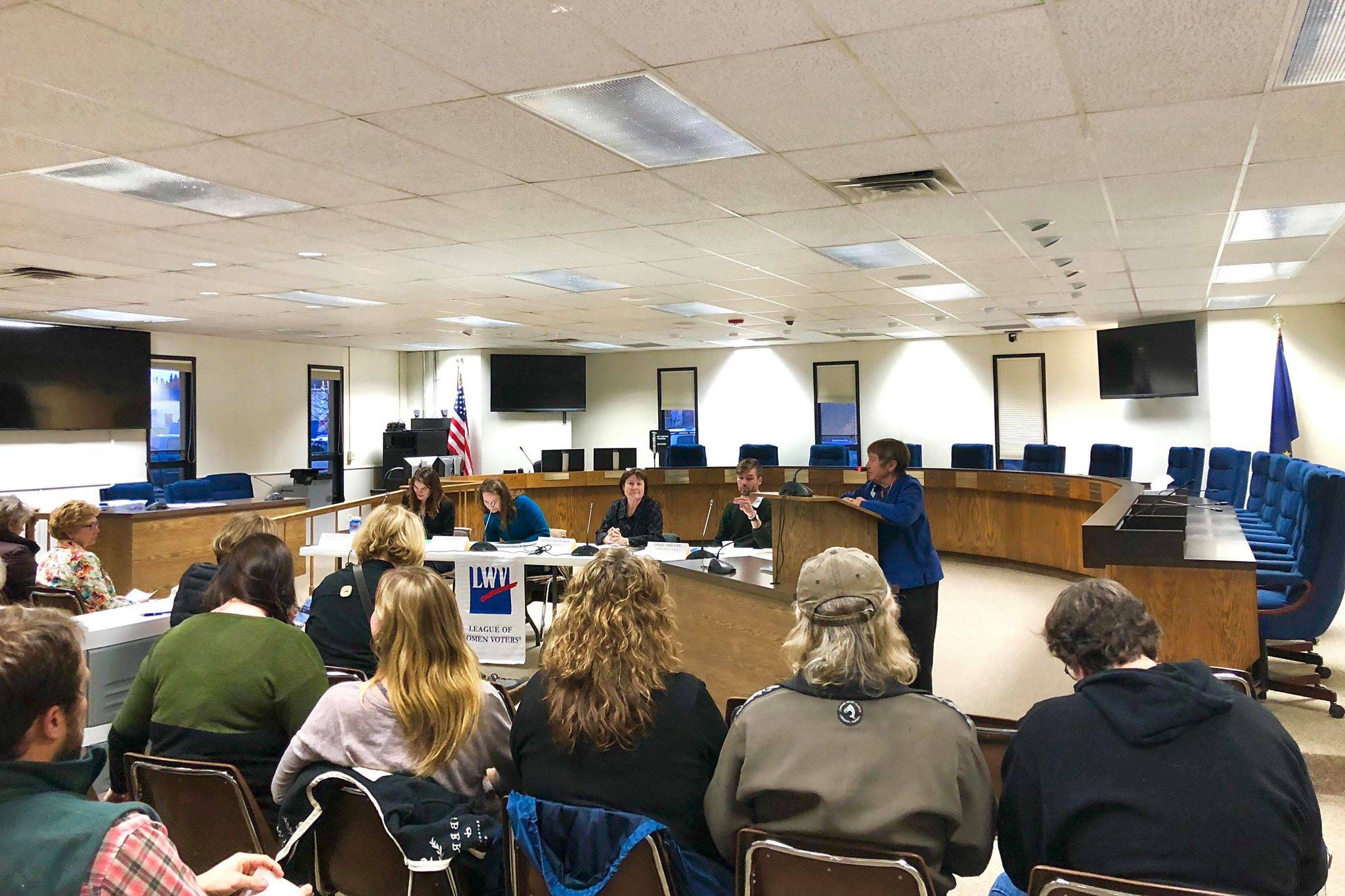 Panelists, Kaitlin Vadla, Laura Rhyne, Linda Hutchings and Owen Phillips present information about Alaska Ballot Measure 1 at an event hosted by the League of Women Voters on Thursday, Oct. 25, 2018, in Soldotna, AK. (Photo by Victoria Petersen/Peninsula Clarion)