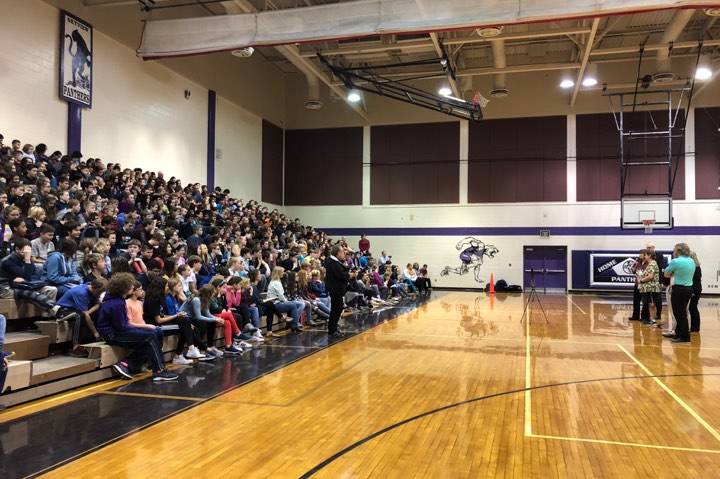 Suzanne Goodwill received the National Education Association of Alaska Education Support Professional of the Year award in a surprise assembly at Skyview Middle School in Soldotna, AK, on Tuesday, Oct. 30, 2018. (Photo by Victoria Petersen/Peninsula Clarion)