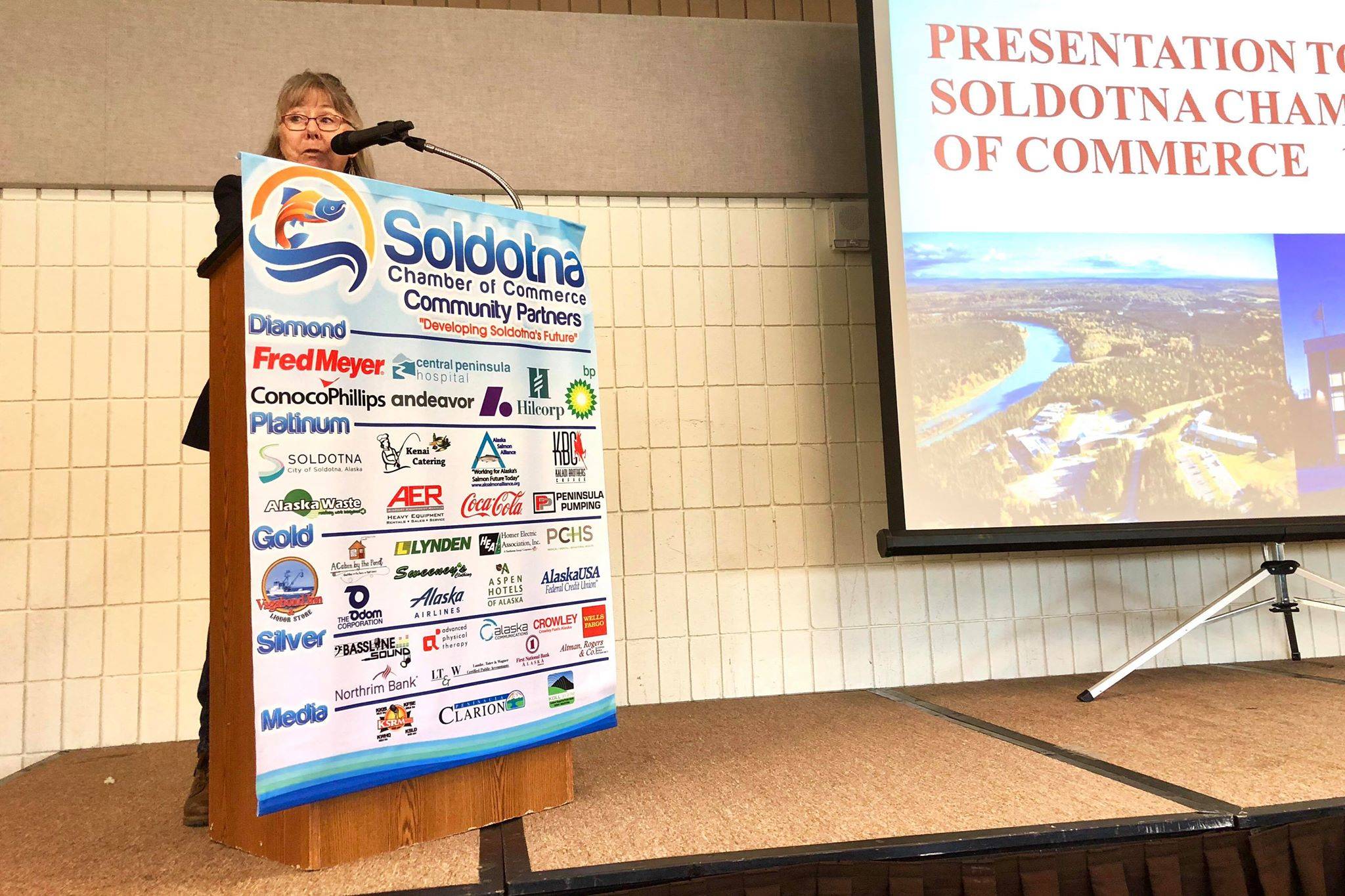 Suzie Kendrick from the Kenai Peninsula College gave a campus update at the Soldotna Chamber Luncheon, on Wednesday, Oct. 31, 2018, in Soldotna, AK. (Photo by Victoria Petersen/Peninsula Clarion)