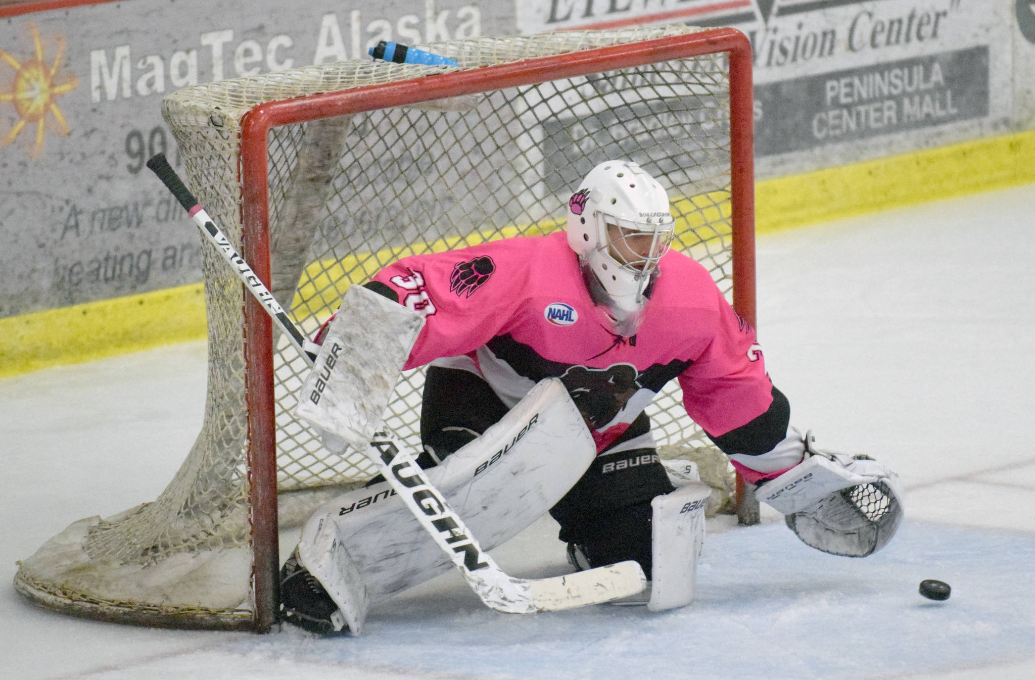 Kenai River Brown Bears goalie Dennis Westergard makes a save against the Janesville (Wisconsin) Jets on Friday, Oct. 12, 2018, at the Soldotna Regional Sports Complex. (Photo by Jeff Helminiak/Peninsula Clarion)