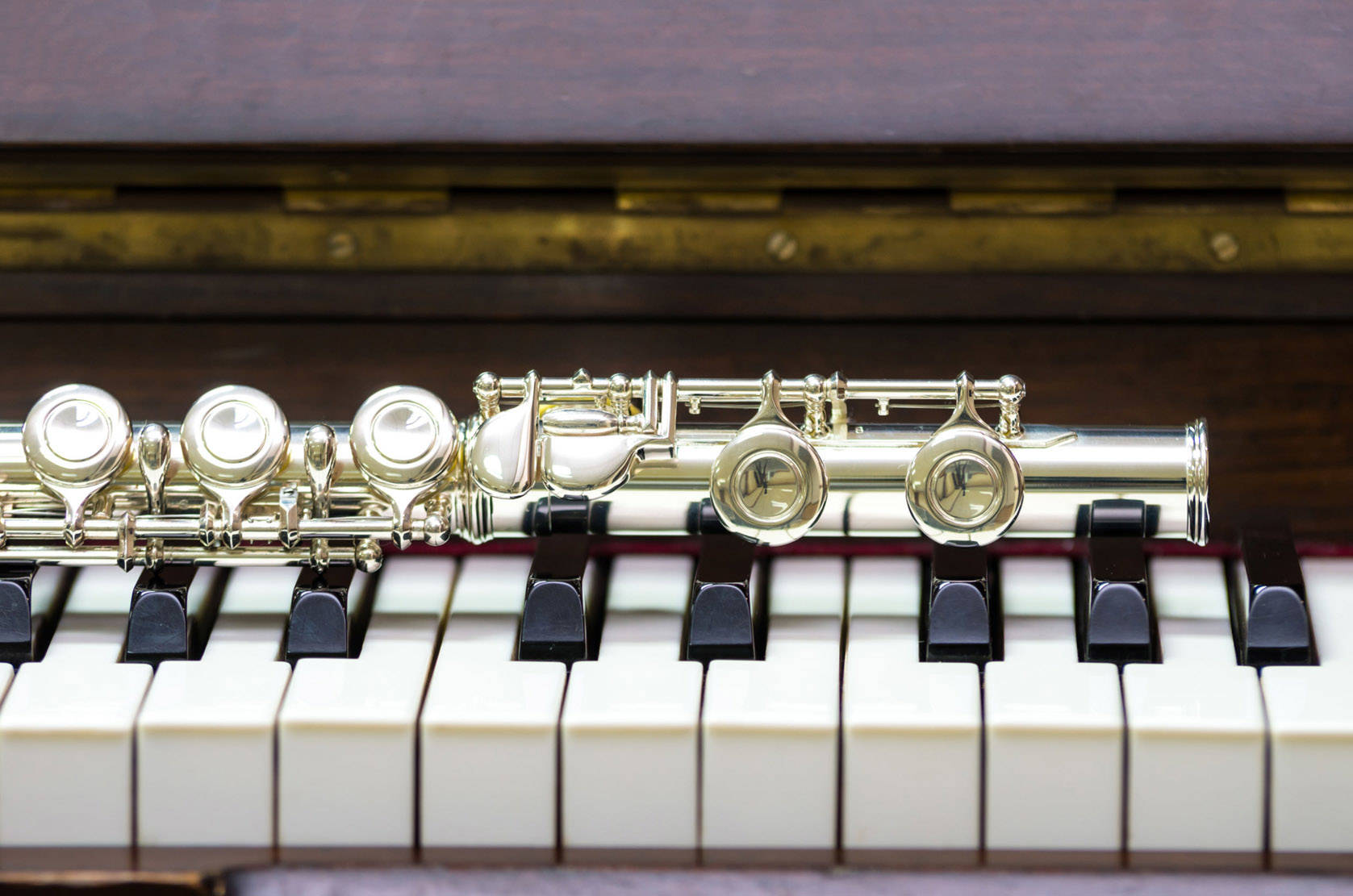 Closeup flute on the keyboard of piano, musical instrument (File photo)