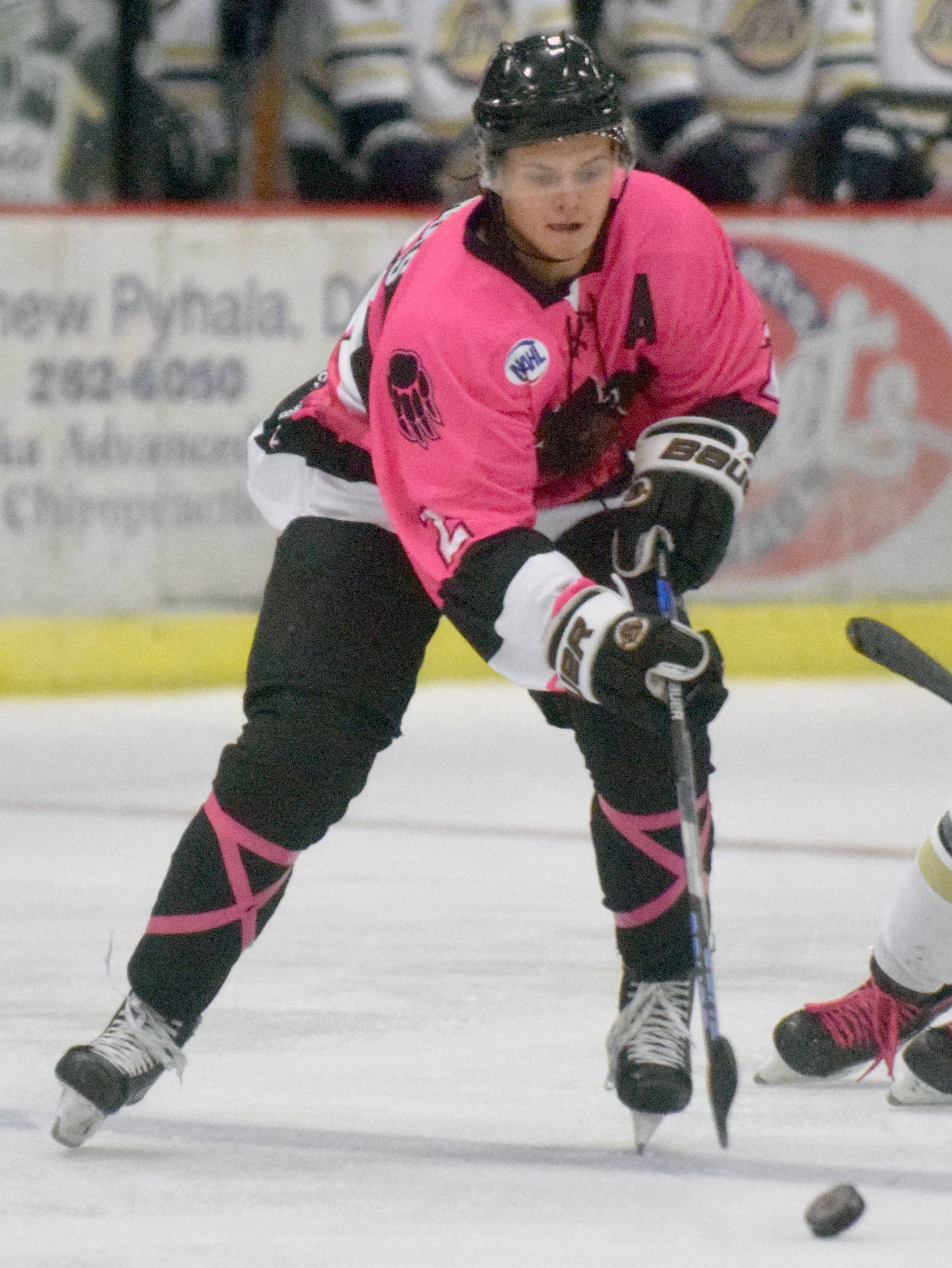 Kenai River Brown Bears defenseman Markuss Komuls carries the puck against the Janesville (Wisconsin) Jets on Oct. 12, 2018, at the Soldotna Regional Sports Complex. (Photo by Jeff Helminiak/Peninsula Clarion)