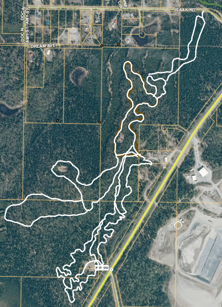 This map, provided by Bill Holt of Tsalteshi Trails, shows the new Slikok Trails. The big loops to the north and east are multiuse trails for biking, skiing, running and walking dogs, while the smaller loops to the south are singletrack trails that were recently completed. Coming from Soldotna, the trail head is a few hundred feet past the Central Peninsula Landfill on the right side of the Sterling Highway. (Map provided by Bill Holt)