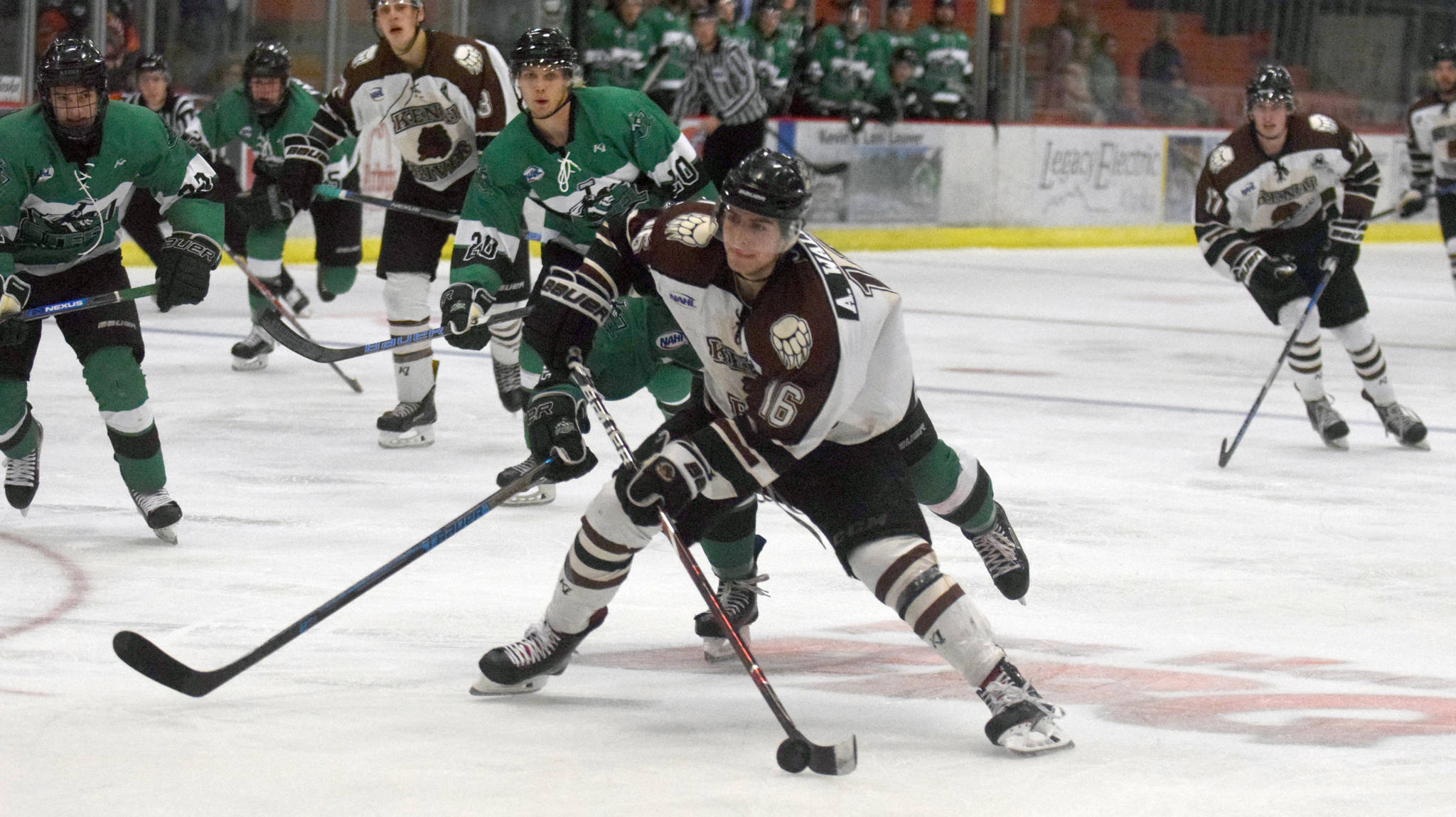 Kenai River’s Andy Walker gets behind the defense to score the first goal of the game Friday, Oct. 5, 2018, against the Chippewa (Wisconsin) Steel at the Soldotna Regional Sports Complex. (Photo by Jeff Helminiak/Peninsula Clarion)