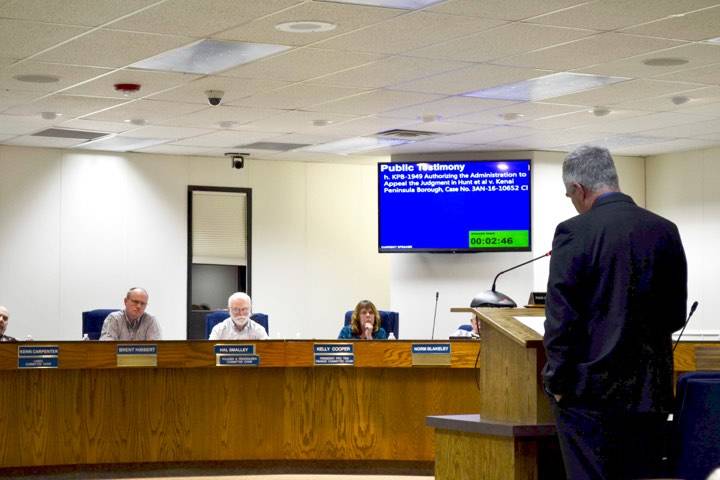 Keith Hamilton of Alaska Christian College gives public testimony for the Kenai Peninsula Borough Assembly in support of the assembly appealing the superior court’s decision regarding the borough’s invocation policy, in Soldotna, Alaska, on Tuesday, Nov. 20, 2018. (Photo by Victoria Petersen/Peninsula Clarion)