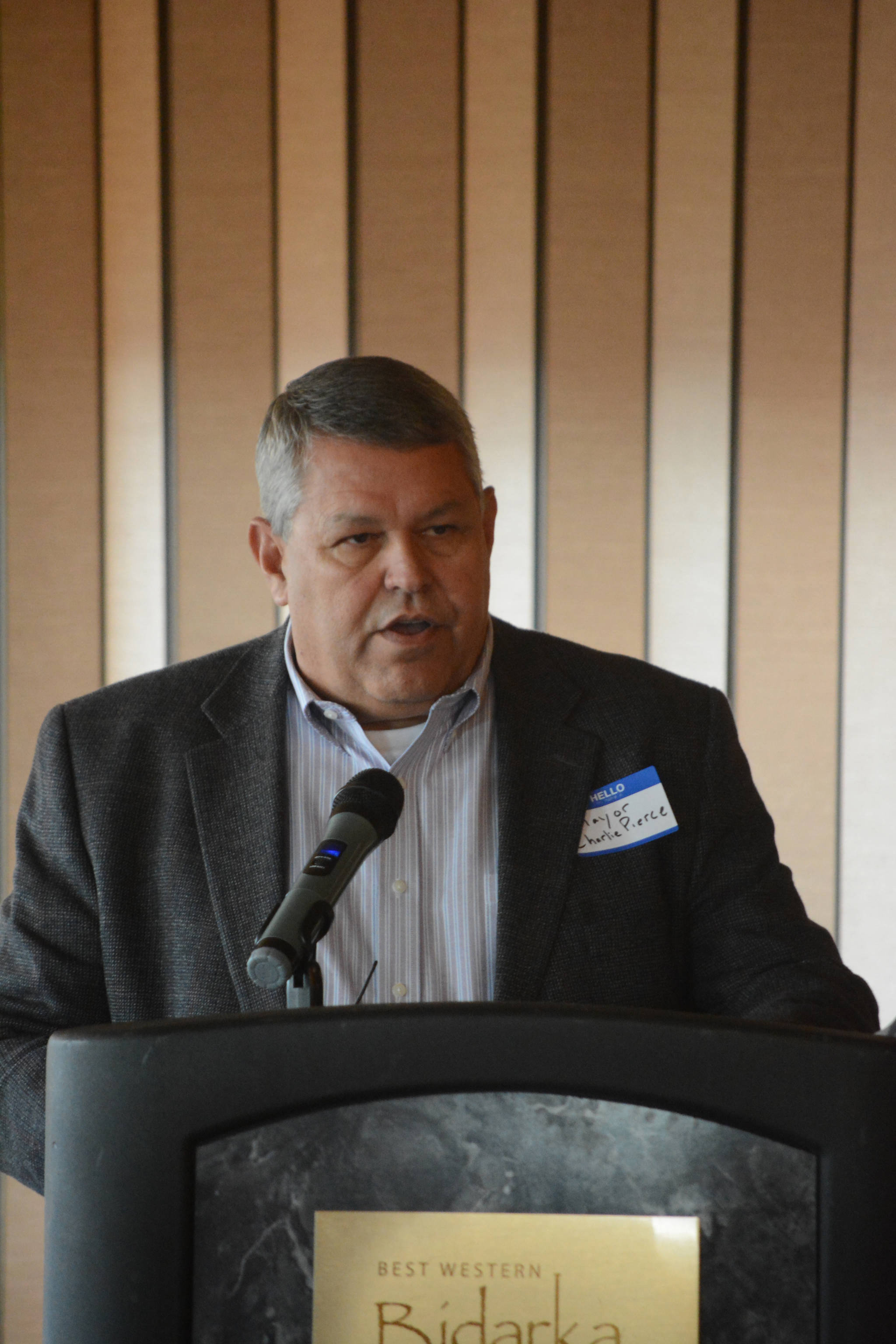 Kenai Peninsula Borough Mayor Charlie Pierce speaks at the Homer Chamber of Commerce and Visitor Center’s luncheon on Tuesday, May 8, 2018, at the Best Western Bidarka Inn in Homer, Alaska. (Photo by Michael Armstrong/Homer News)