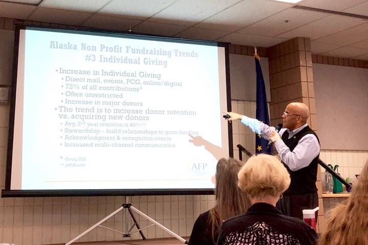 Ken Miller, President of Denali FSP Fundraising Consultants, spoke at Wednesday’s Soldotna Chamber Luncheon about nonprofit fundraising trends on Wednesday in Soldotna. (Photo by Victoria Petersen/Peninsula Clarion)
