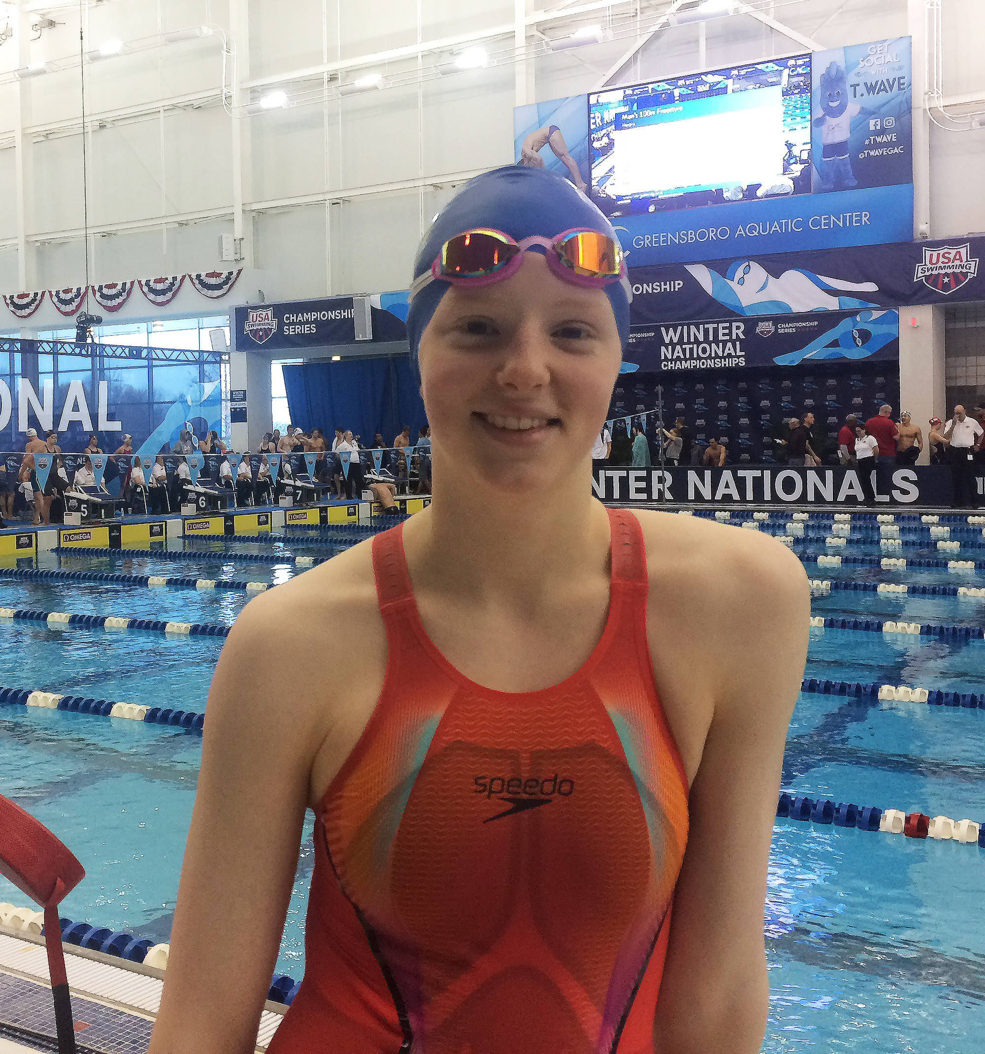 Seward swimmer Lydia Jacoby poses before an event at the USA Swimming Winter National Championship meet in Greensboro, North Carolina. (Photo provided by Meghan O’Leary)