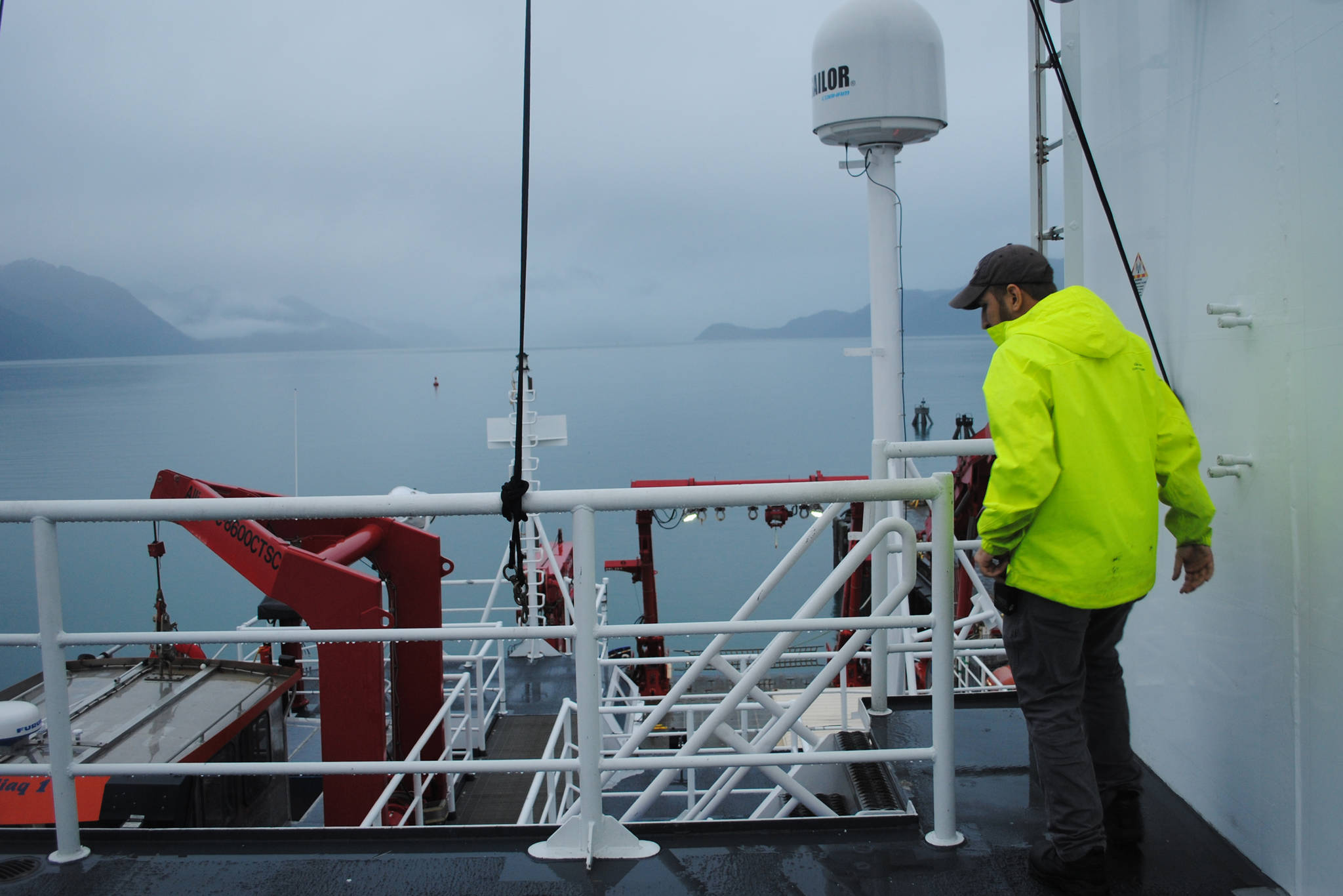 The R/V Sikuliaq’s Third Mate Arthur Levine scans the entire vessel on Nov. 27 for safety concerns before the ship departs for Seattle via the Gulf of Alaska. (Photo by Kat Sorensen/Peninsula Clarion)