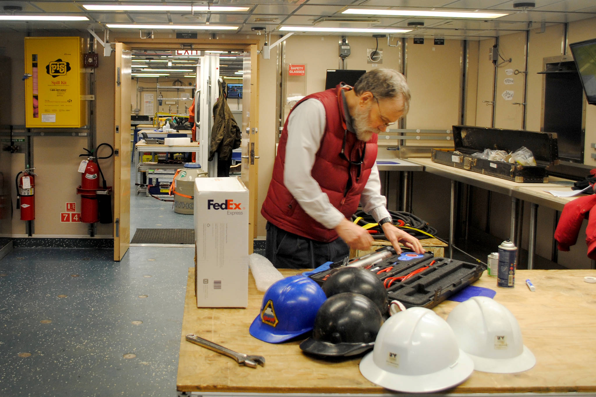 Eric D’Asaro of the University of Washington Seattle Applied Physics Laboratory sets up in one of the R/V Sikuliaq’s laboratories in preparation for a 10-day research trip through the Northwest Pacific. (Photo by Kat Sorensen/Peninsula Clarion)