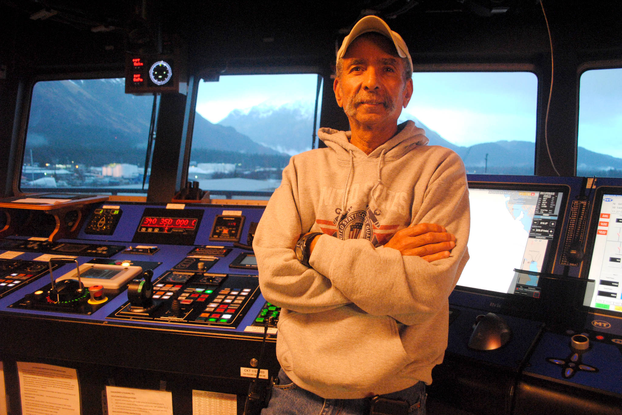Captain Diego Mello of the R/V Sikuliaq is seen in the bridge of the 261-foot research vessel as it’s docked in Seward. (Photo by Kat Sorensen/Peninsula Clarion)