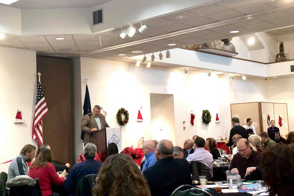 Kenai Peninsula Borough Mayor Charlie Pierce gives a borough update at a joint Soldotna and Kenai Chamber of Commerce luncheon event on Wednesday, Dec. 5, 2018, at the Kenai Visitors Center in Kenai, Alaska. (Photo by Victoria Petersen/Peninsula Clarion)