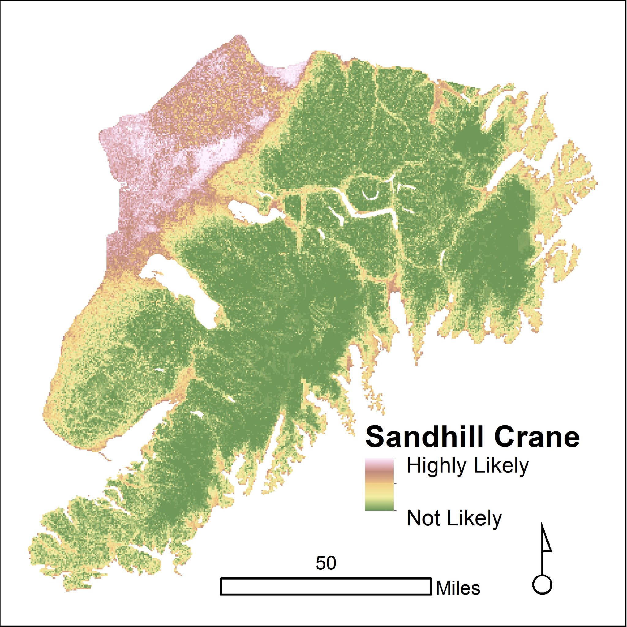 A machine learning algorithm was used to create this map of Sandhill Crane nesting habitat on the Kenai Peninsula. (Provided by Dawn Robin Magness)