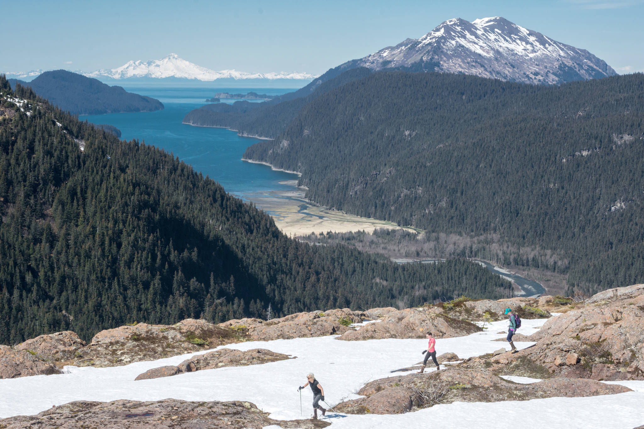 Looking east toward Tutka Bay in late May, snow can still be thick on the top of 1,200-foot Lunch Mountain. (Photo by Andy Banas)