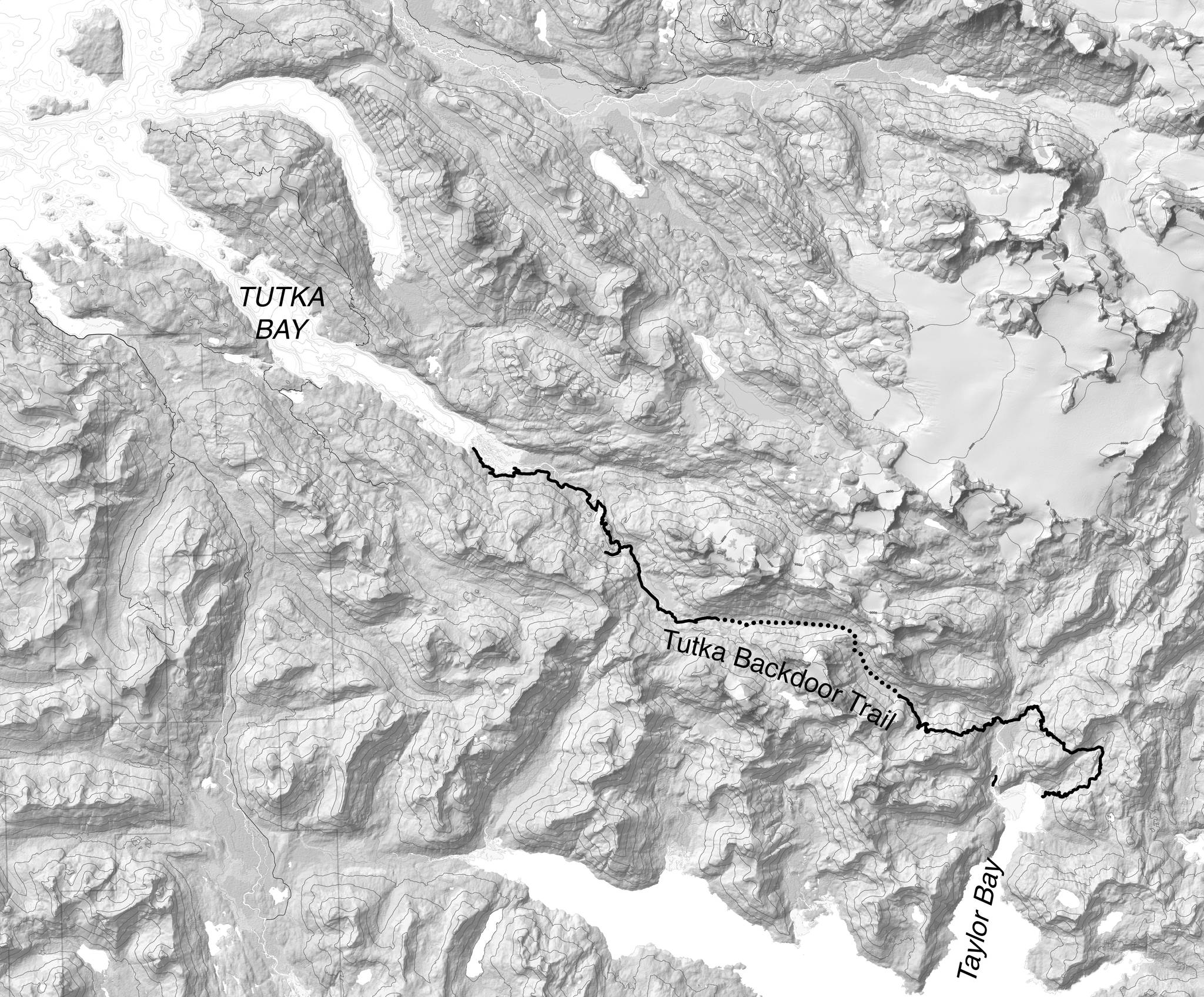 The newly constructed Tutka Backdoor Trail treks 20 miles between Tutka Bay and Taylor Bay on the southern tip of the Kenai Peninsula.ʔhe dotted line shows a portion of the trail that is not maintained. (Map/Bretwood “Hig” Higman)