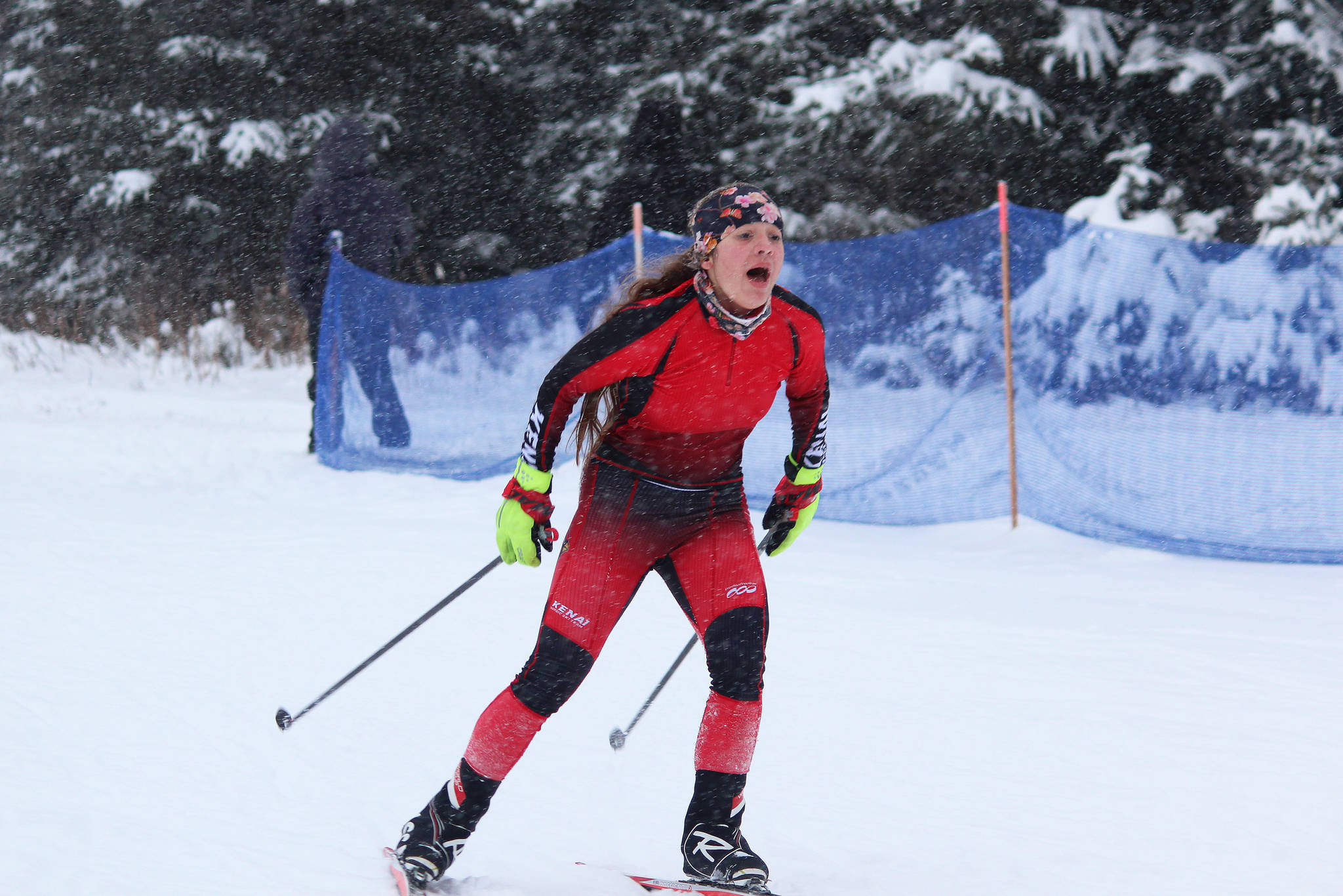 Kenai senior Maria Salzetti approaches the finish line of the girls’ race during a Homer-hosted ski meet Friday, Dec. 14, 2018 at the Ohlson Mountain Trails near Homer, Alaska. Salzetti came in second for the varsity girls. (Photo by Megan Pacer/Homer News)