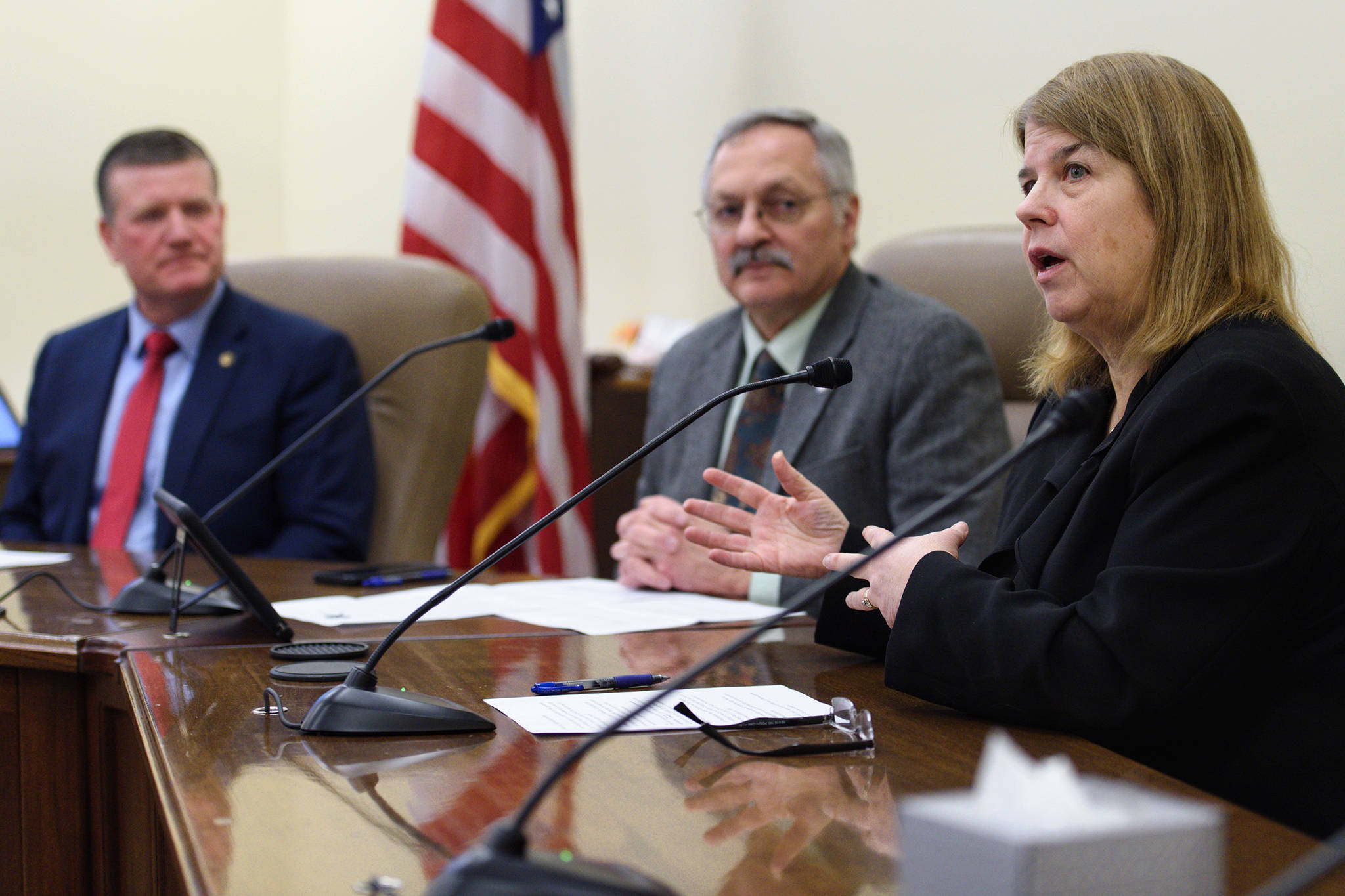 Rep. Tammie Wilson, R-North Pole, right, Rep. Dave Talerico, R-Healy, center, and Rep. Chuck Kopp, R-Anchorage, speak at a House Republican Caucus press conference at the Capitol on Monday, Jan. 21, 2019. (Michael Penn | Juneau Empire)