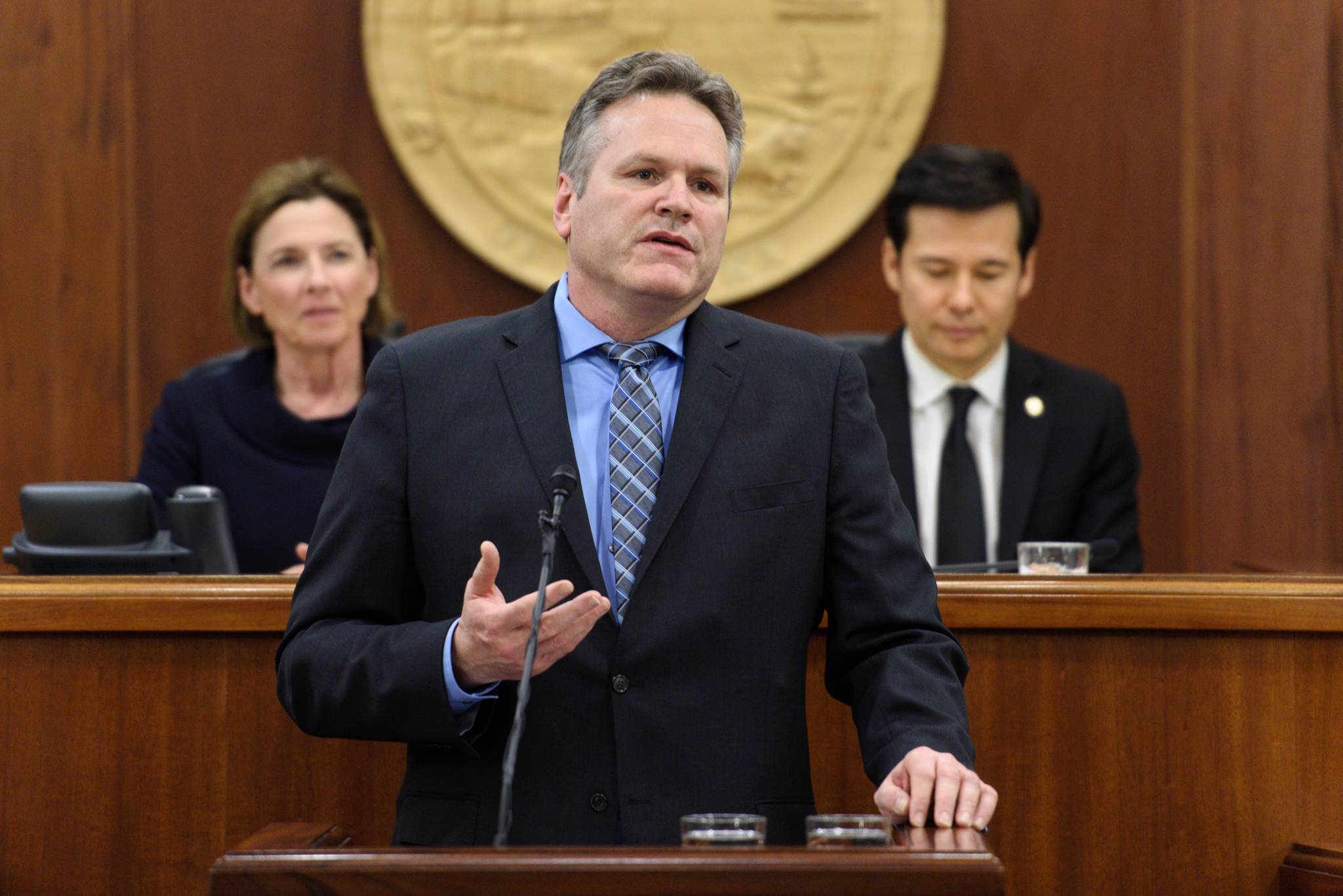 Gov. Mike Dunleavy delivers the State of the State address on Tuesday in the Alaska Capitol. (Michael Penn/Juneau Empire)