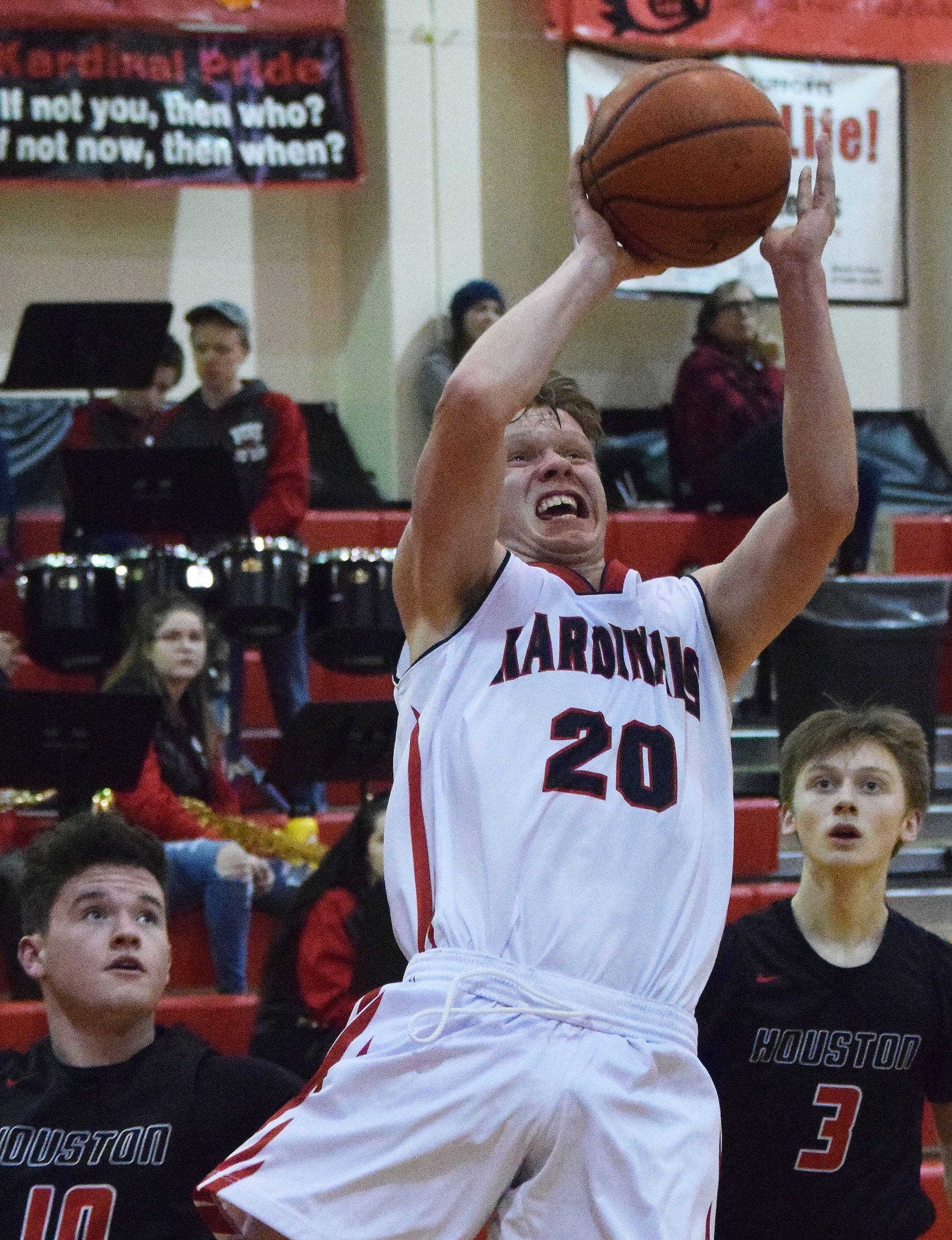 Kenai’s Andrew Bezdecny puts up a shot Saturday afternoon against the Houston Hawks at Kenai Central High School. (Photo by Joey Klecka/Peninsula Clarion)