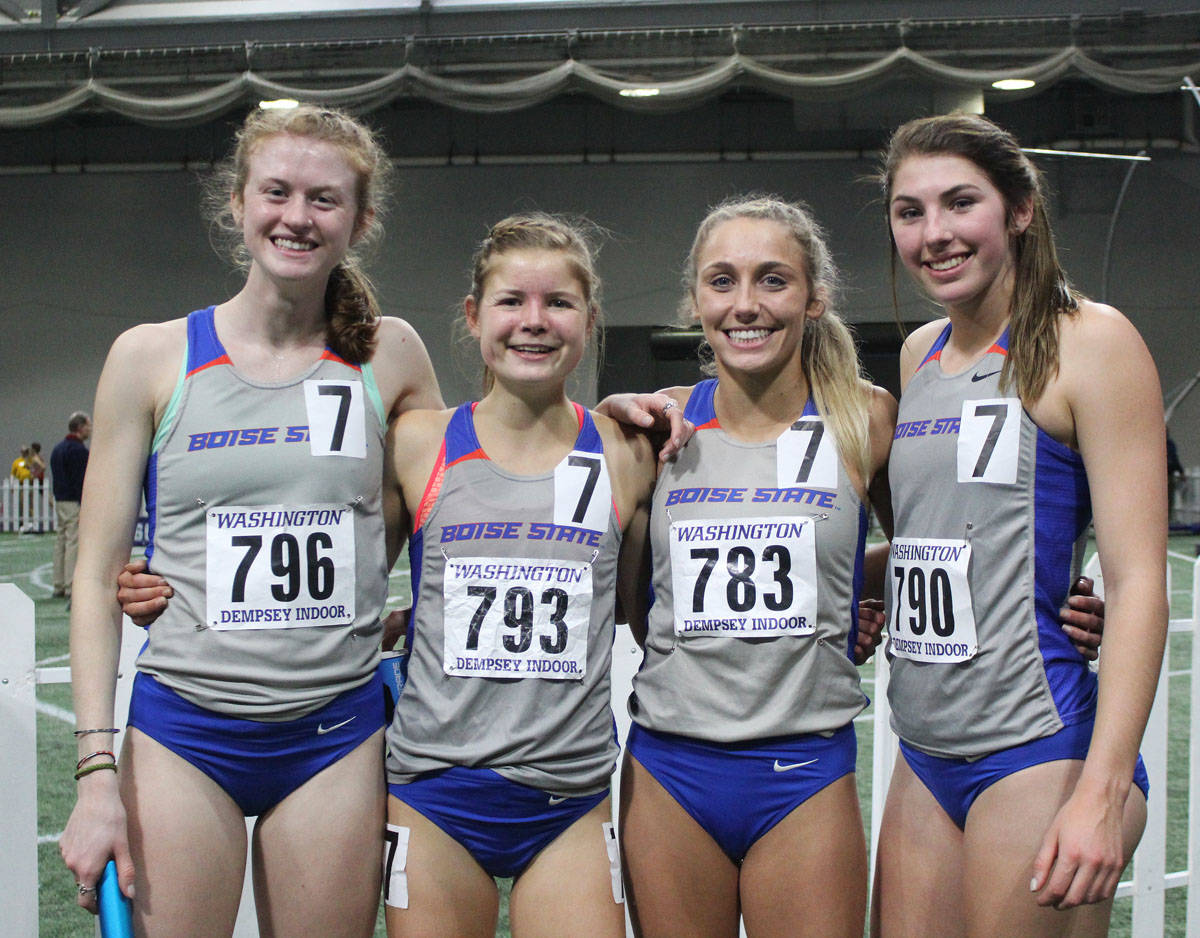 Soldotna runner Allie Ostrander (second from left) poses with Boise State teammates Alexis Fuller, MaLeigha Menegatti and Kristie Schoffield following Friday’s women’s distance medley relay at the UW Invitational in Seattle. (Photo provided by Boise State Sports Information)