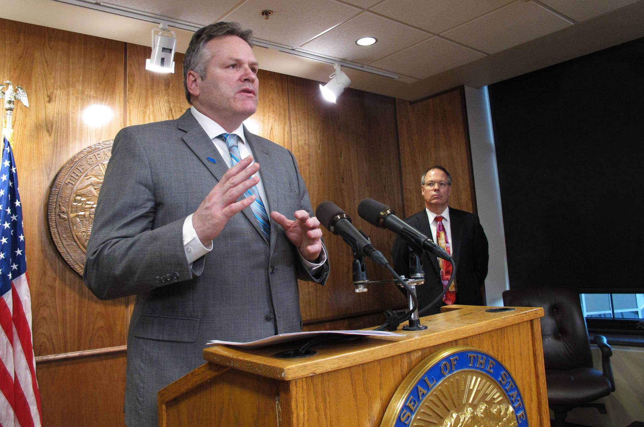 Alaska Gov. Mike Dunleavy speaks at a news conference in Juneau, Alaska, Wednesday, Jan. 16, 2019. (AP Photo/Becky Bohrer)