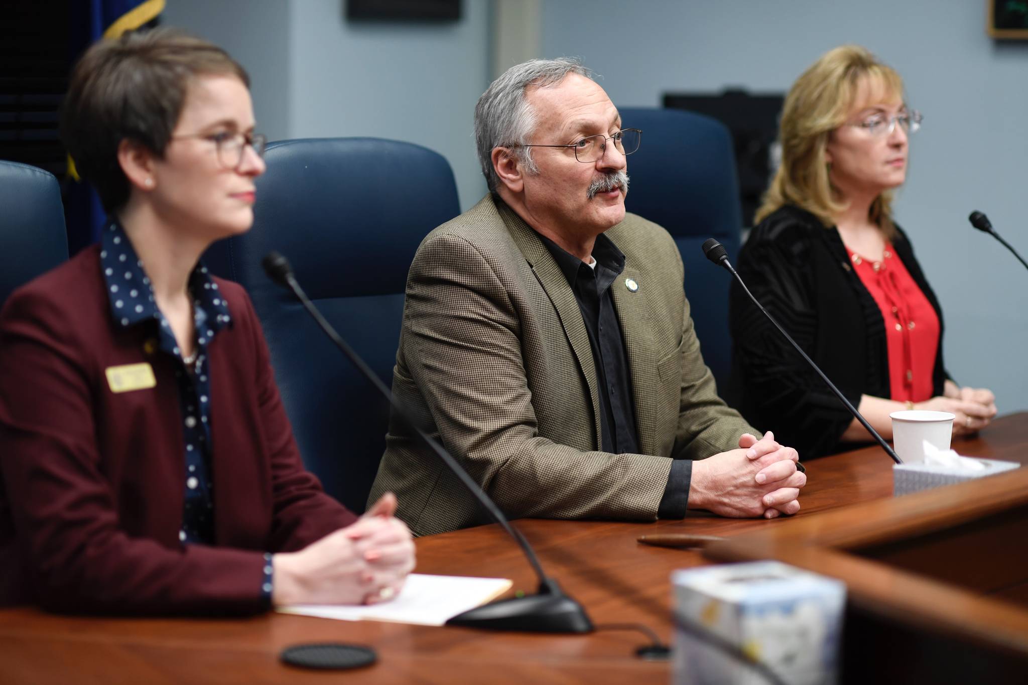 Rep. David Talerico, R-Healy, speaks during a press conference with Rep. Sarah Vance, R-Homer, left, and Rep. Colleen Sullivan-Leonard, R-Wasilla,at the Capitol on Tuesday, Jan. 29, 2019. (Michael Penn | Juneau Empire)