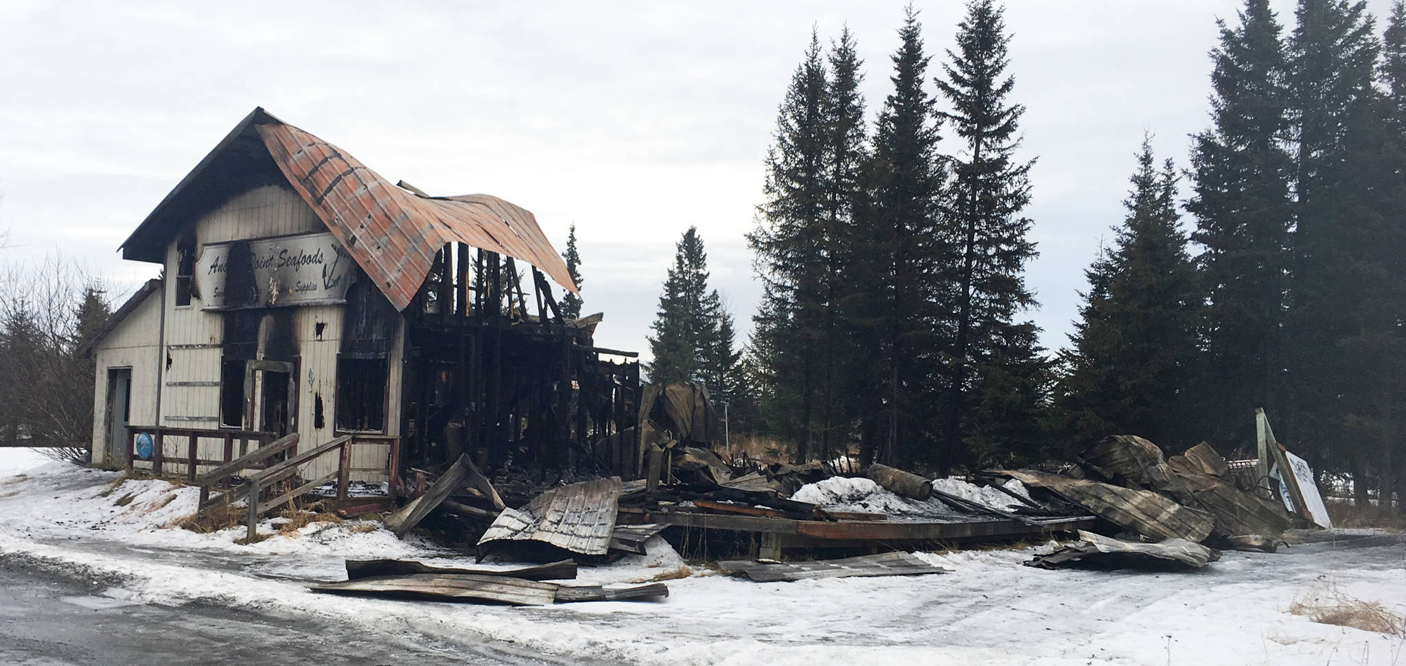 Remains of the former location of Anchor Point Seafoods sit in ruins on North Fork Road in Anchor Point, Alaska. (Photo courtesy Anchor Point Emergency Services)