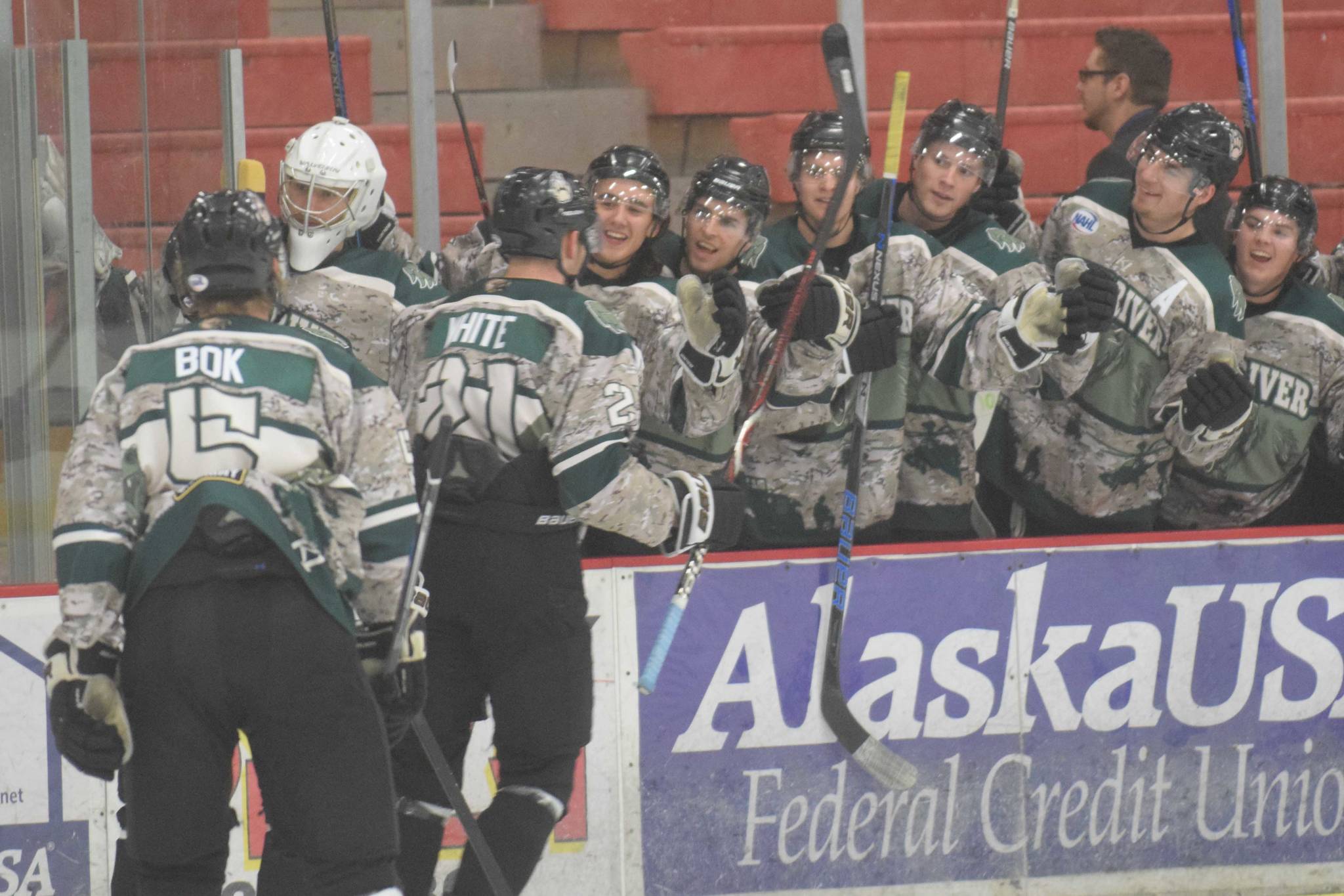 The Kenai River Brown Bears celebrate a goal against the Chippewa (Wisconsin) Steel on Jan. 11, 2019, at the Soldotna Regional Sports Complex. (Photo by Jeff Helminiak/Peninsula Clarion)