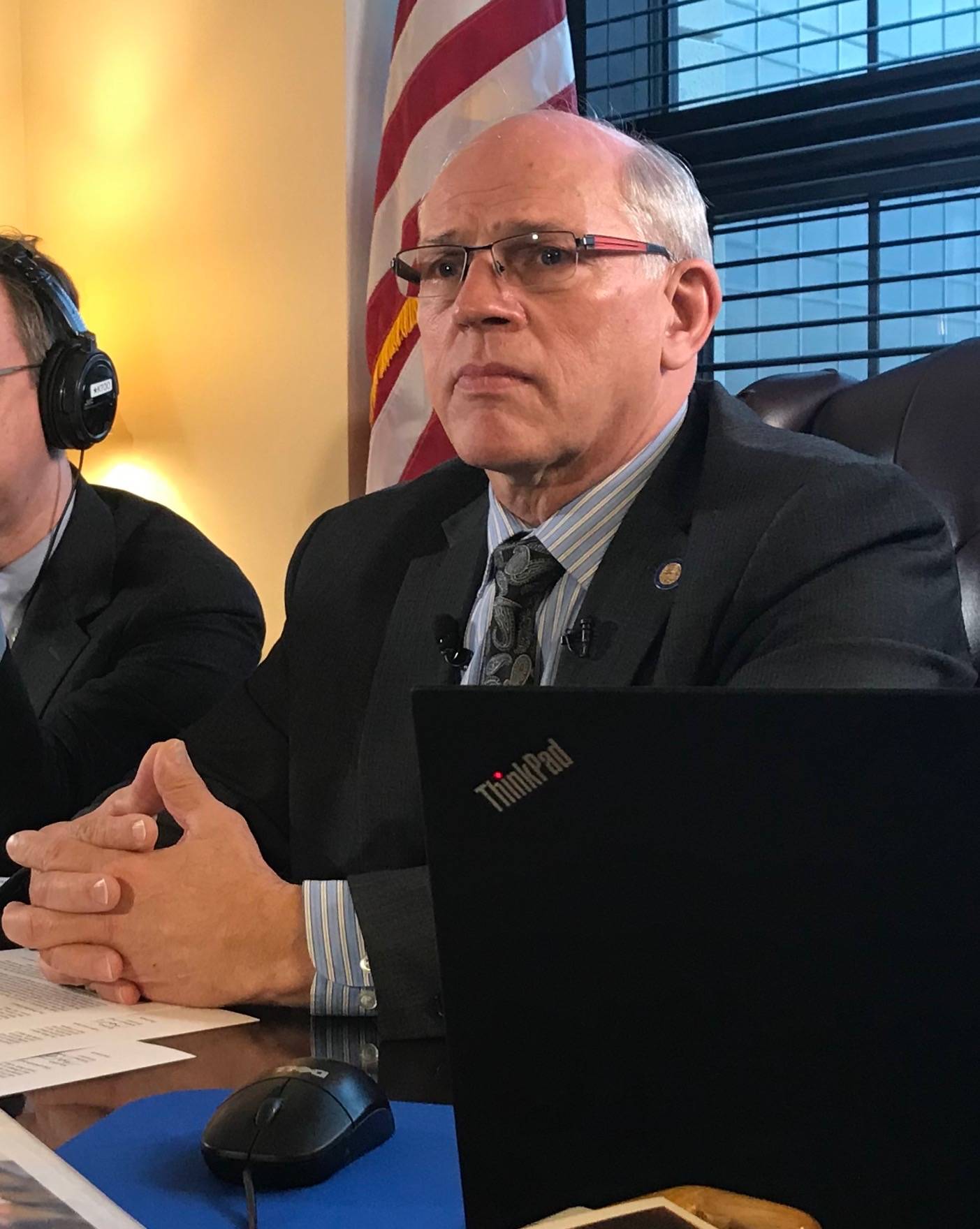 Sen. John Coghill, R-Fairbanks, listens to a question during a press conference Wednesday about Gov. Mike Dunleavy’s constitutional amendments. (Alex McCarthy | Juneau Empire)