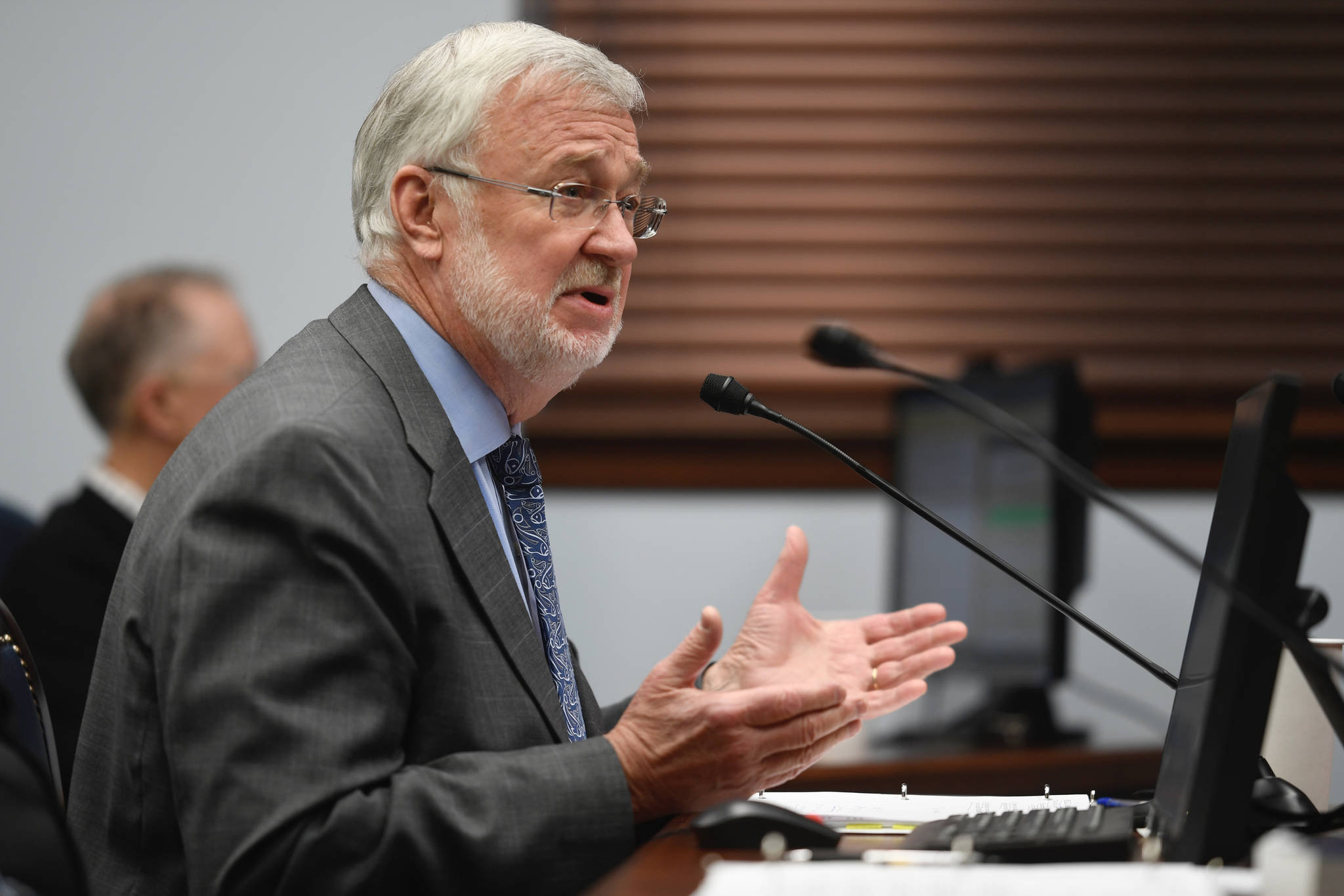 Sen. Gary Stevens, R-Kodiak, introduces Senate Bill 22 to the Senate Resources Committee at the Capitol on Wednesday, Jan. 30, 2019. The bill would allow organizations to obtain permits and enhance the habitat of shellfish in hopes of improving the seafood industry. (Michael Penn | Juneau Empire)