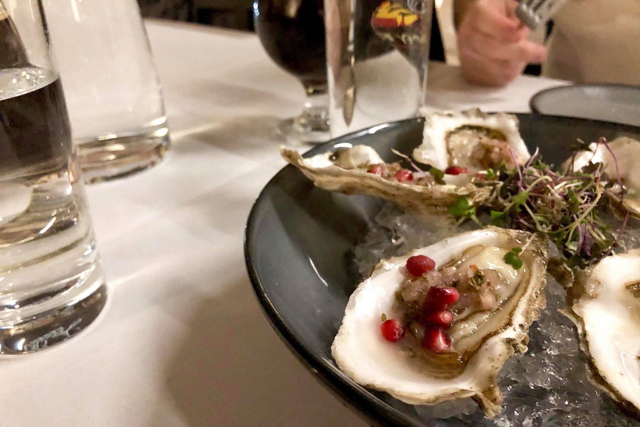 Addie Camp Train Eatery and Wine Bar strive to feature local food on their menu as much as possible, like oysters from Jacalof Bay, on Monday, Dec. 31, 2018, in Soldotna, Alaska. (Photo by Victoria Petersen/Peninsula Clarion)