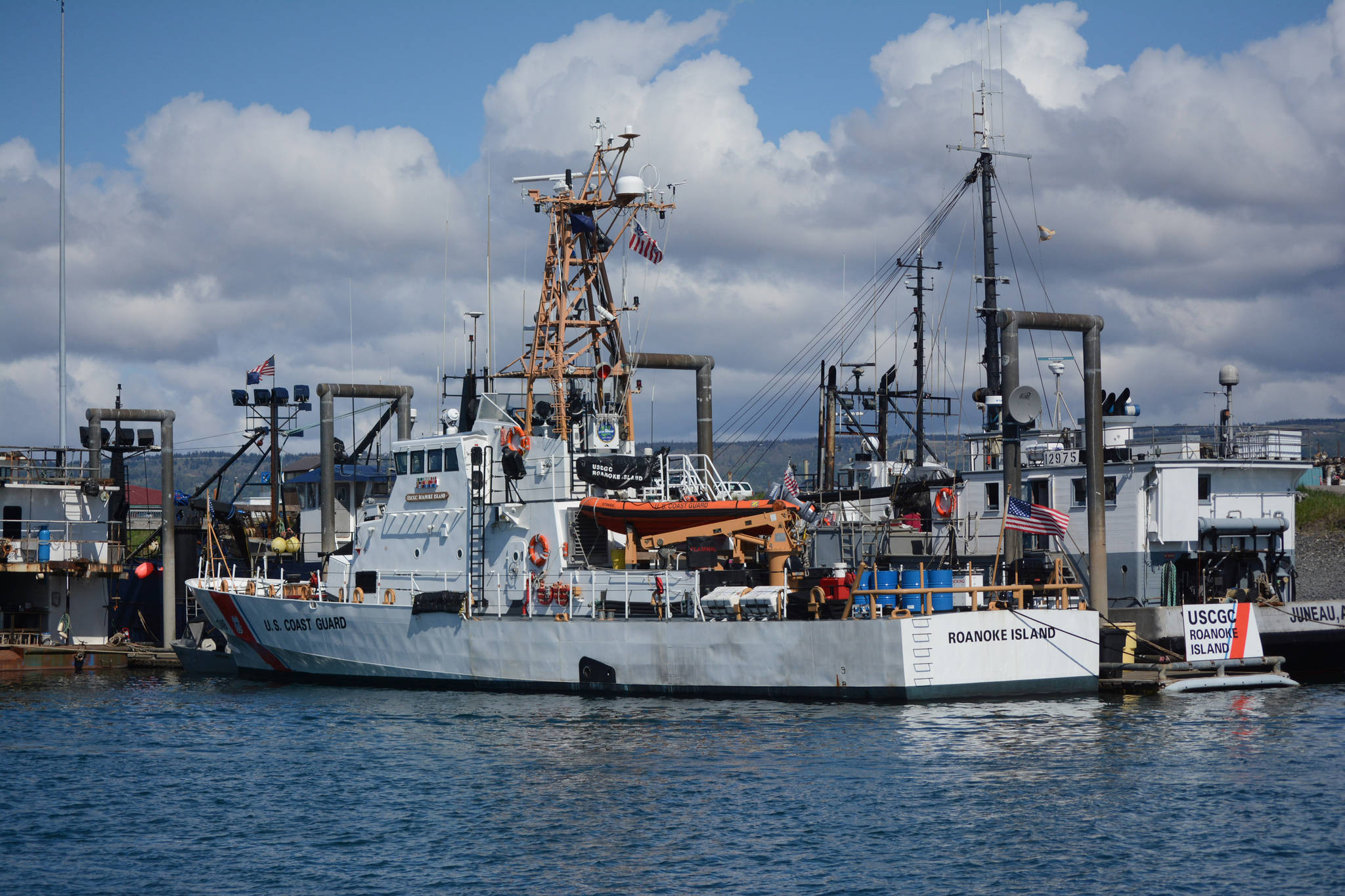 The U.S. Coast Guard Cutter Roanoke Island is moored at the Homer Harbor on June 2, 2015, in Homer. Commissioned in 1992, the 110-foot Island class cutter was decommissioned that month. (Photo by Michael Armstrong/Homer News)