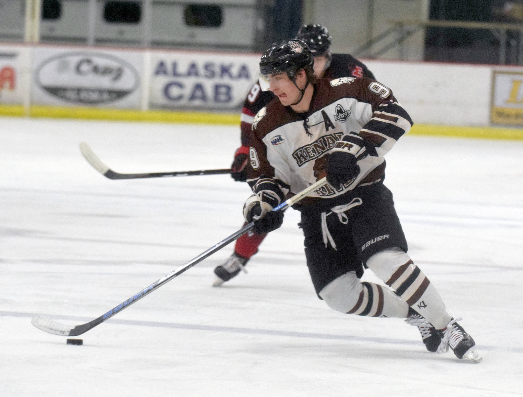 Kenai River Brown Bears forward Alex Klekotka controls the puck Nov. 9, 2018, against the Minnesota Magicians at the Soldotna Regional Sports Complex. (Photo by Jeff Helminiak/Peninsula Clarion)