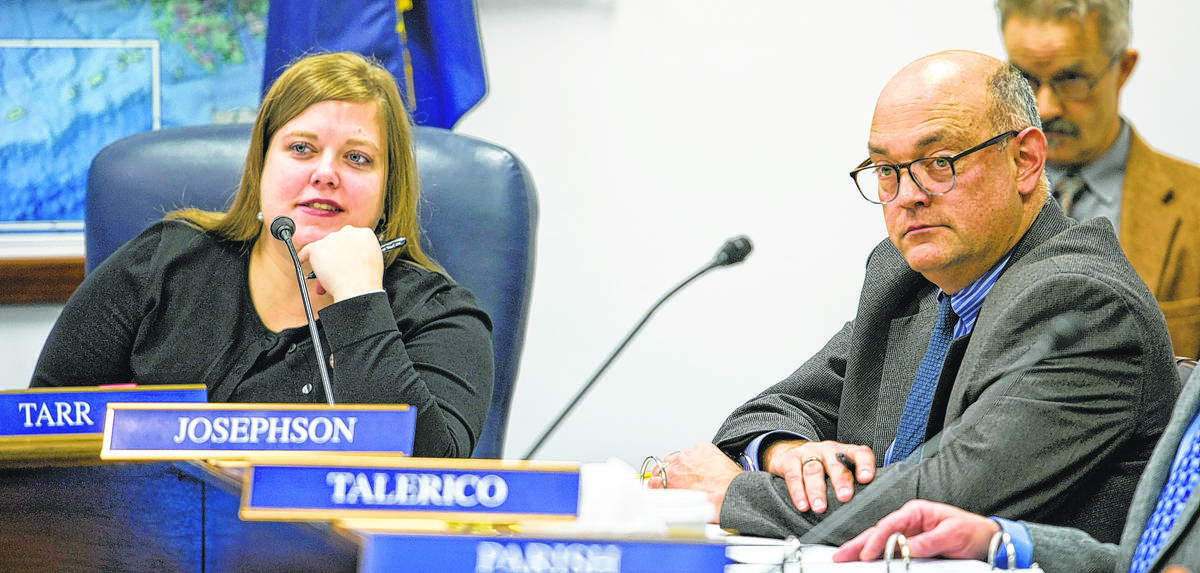 Rep. Geran Tarr, D-Anchorage, and Rep. Andy Josephson, D-Anchorage, listen during a hearing at the Capitol in January 2017. (Michael Penn/Juneau Empire file photo)