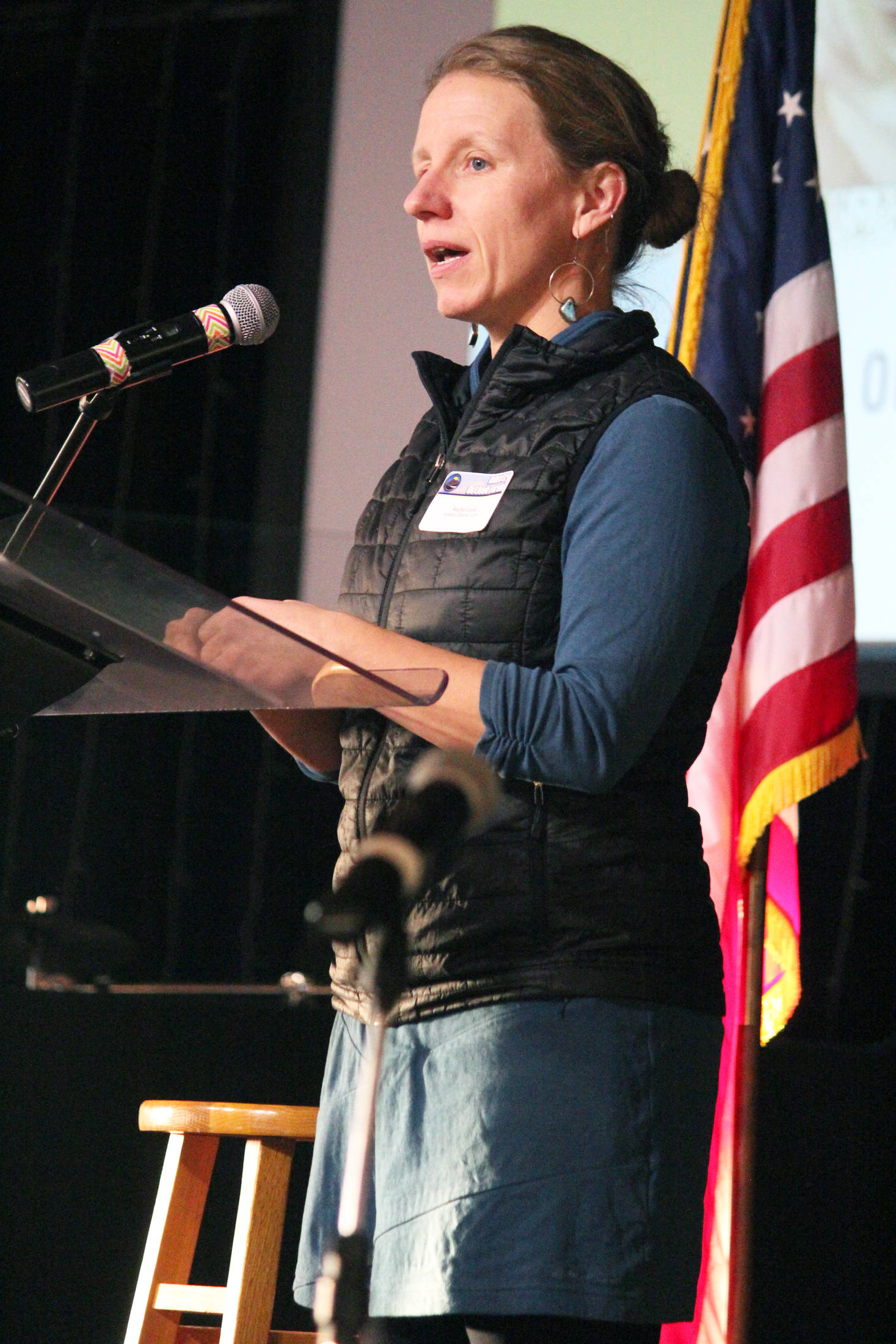 Homer City Council member Rachel Lord, who owns and operates Alaska Stems in Homer with her husband Ben Gibson, speaks to attendees at this year’s Industry Outlook Forum on Wednesday, Jan. 9, 2019 at Christian Community Church in Homer, Alaska. (Photo by Megan Pacer/Homer News)