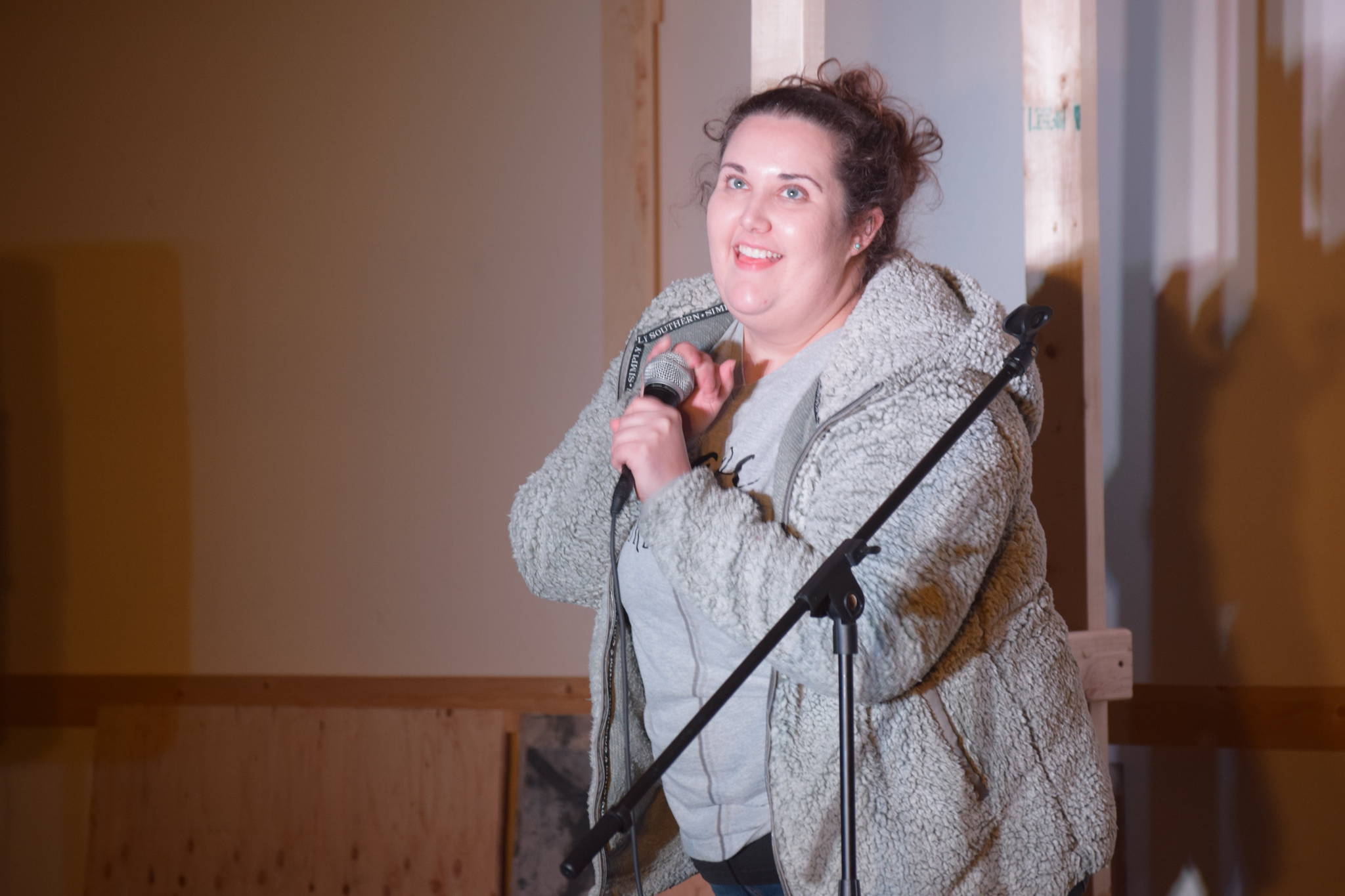 Kenai comedian Nikki Stein acts out talking to students during her routine at the Kenai Performers Theater on Thursday. (Photo by Brian Mazurek/Peninsula Clarion)